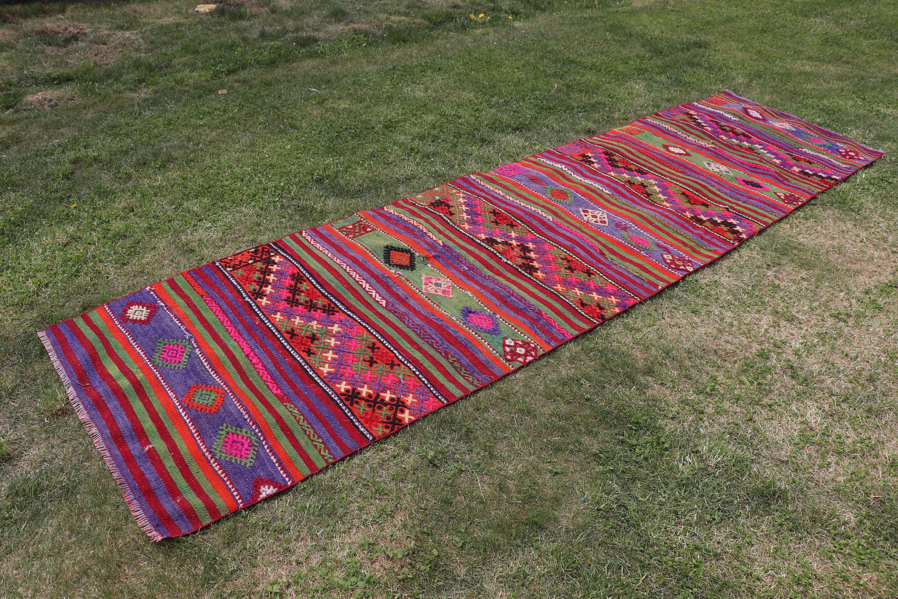 2.9x10.7 ft Runner Rugs, Vintage Rugs, Kilim, Beni Ourain Runner Rugs, Rainbow Anatolian Rugs, Bedroom Rug, Wool Rugs, Turkish Rugs