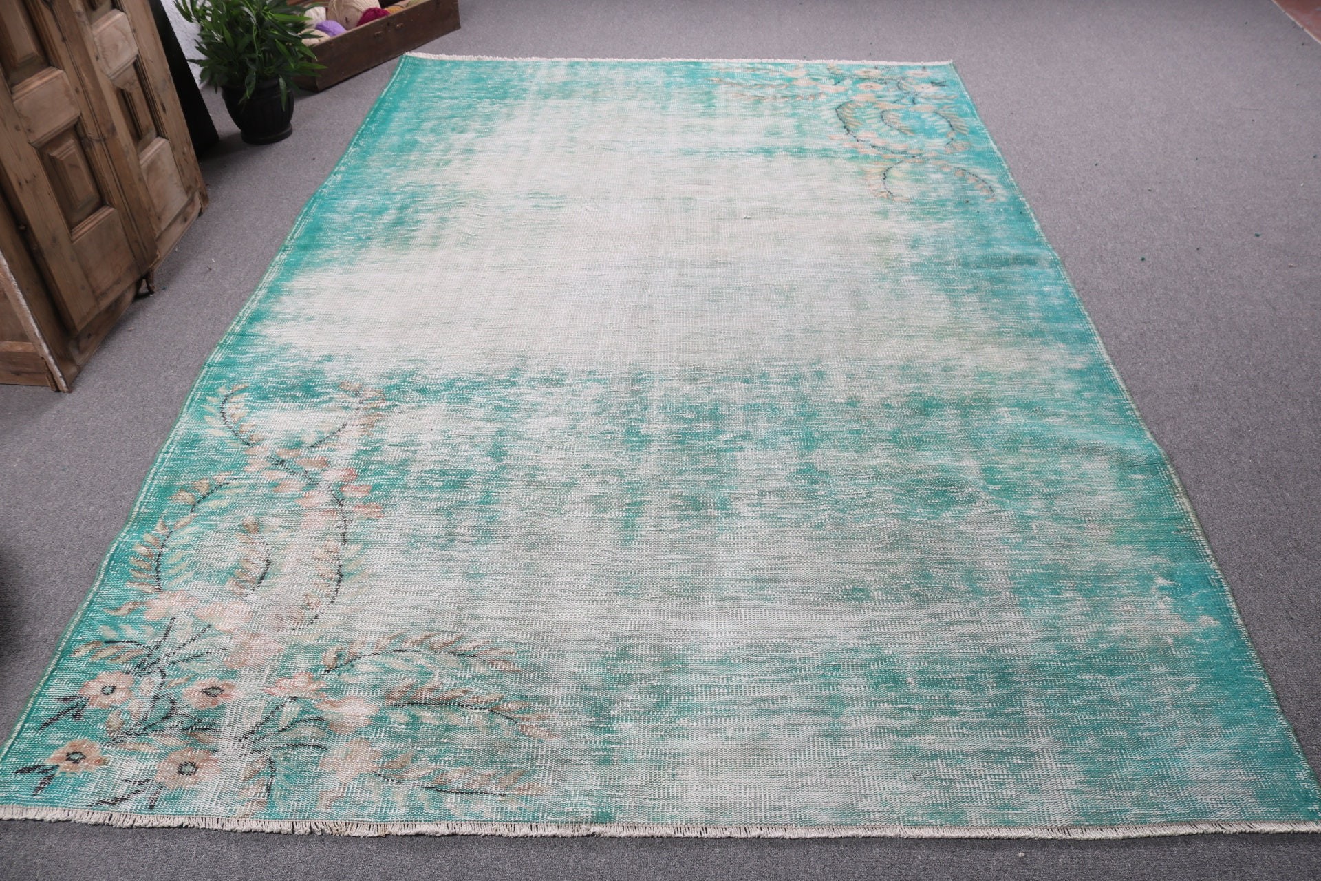 Office Rugs, Turkish Rugs, 6.4x9.4 ft Large Rugs, Vintage Rug, Wool Rug, Green Moroccan Rugs, Living Room Rug, Boho Rug, Dining Room Rug