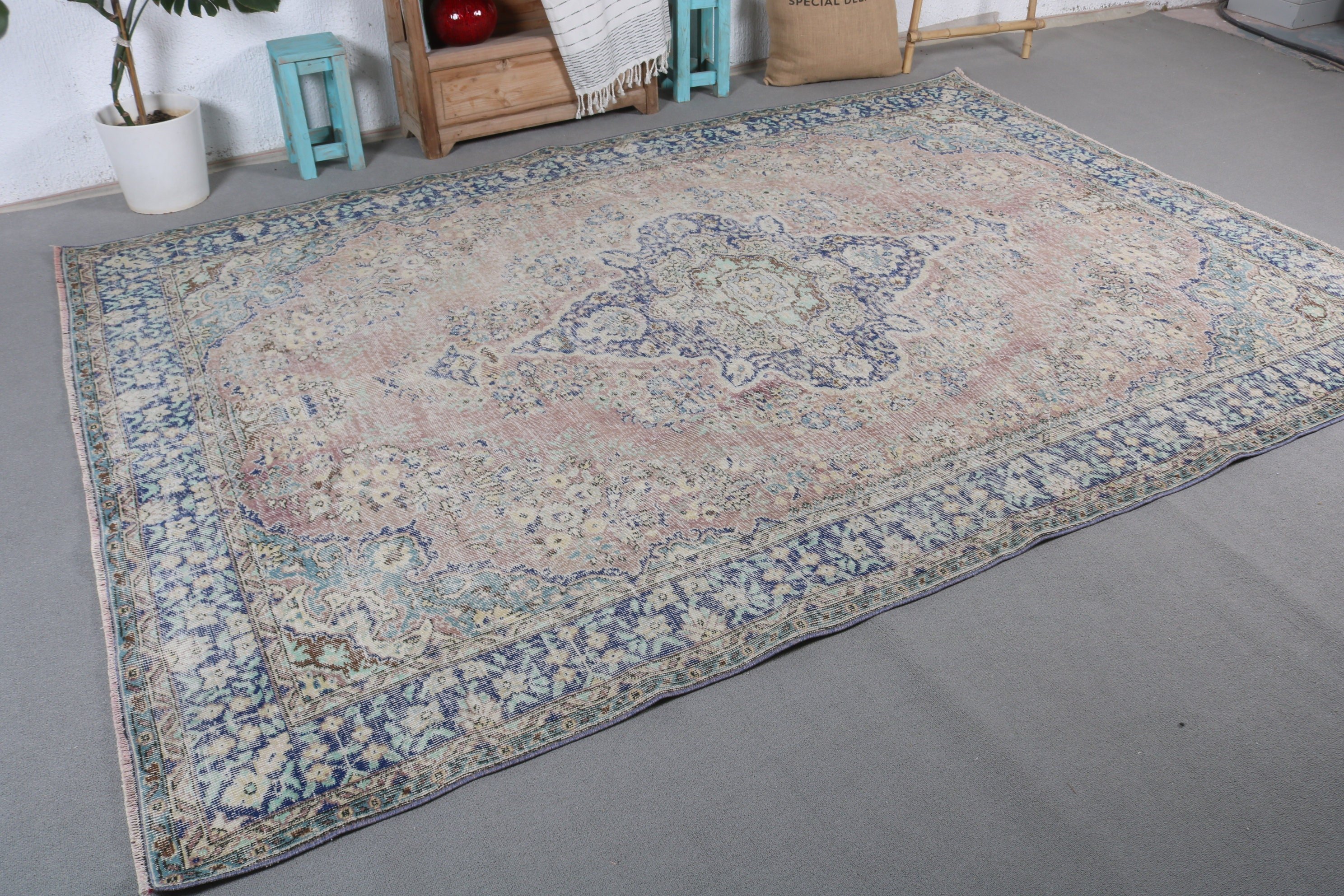 Floor Rug, Living Room Rug, 6.8x9.9 ft Large Rug, Vintage Rug, Bedroom Rug, Turkish Rugs, Pale Rugs, Blue Floor Rug, Rugs for Dining Room