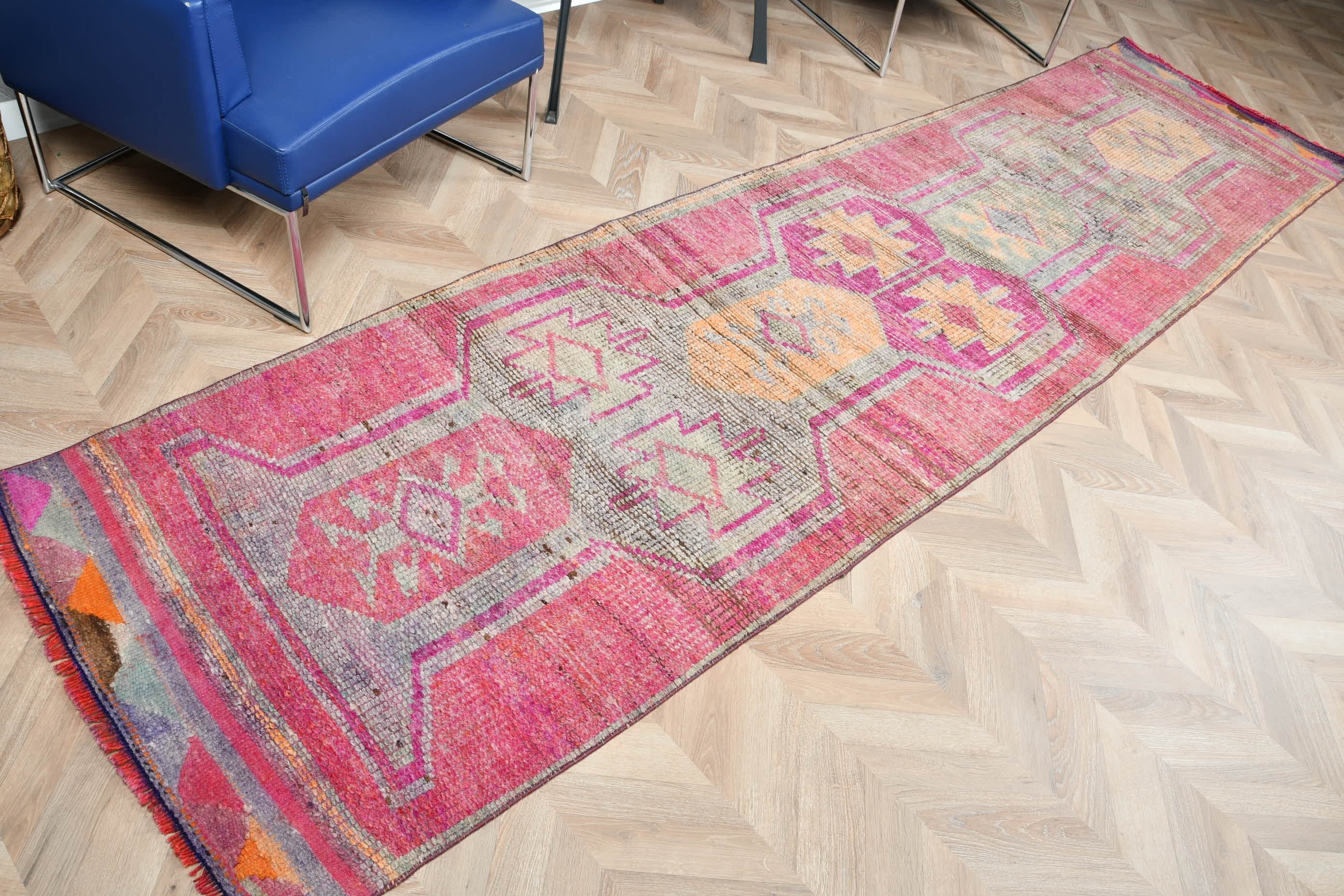 Vintage Rug, Bohemian Rugs, Turkish Rugs, Hallway Rug, Pink Floor Rug, 2.9x11.7 ft Runner Rugs, Rugs for Hallway, Wool Rug, Antique Rug