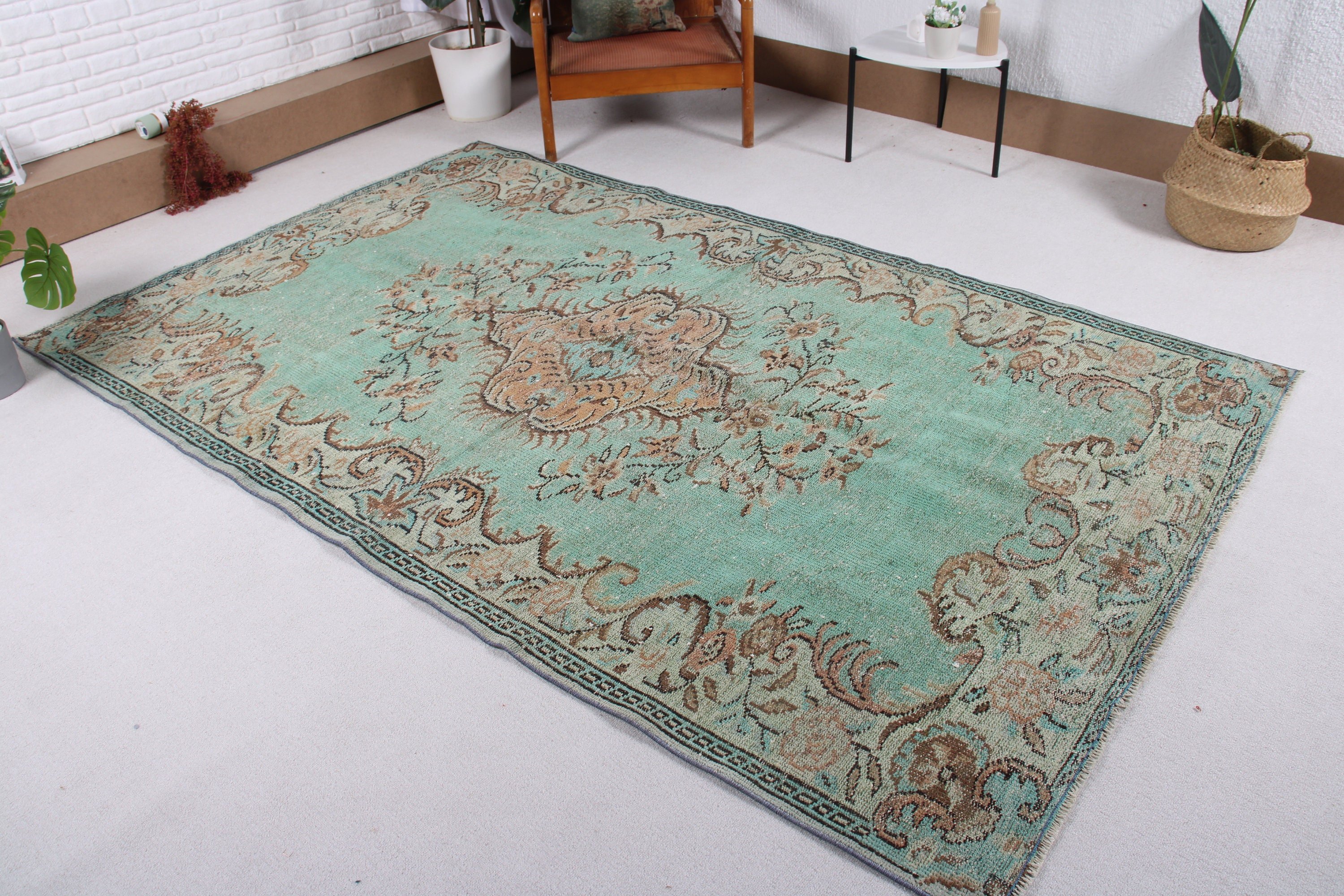 Vintage Halı, Türk Halısı, Büyük Oushak Halıları, Anadolu Halıları, Yeşil 5.3x8.5 ft Büyük Halılar, Büyük Boho Halıları, Modern Halılar