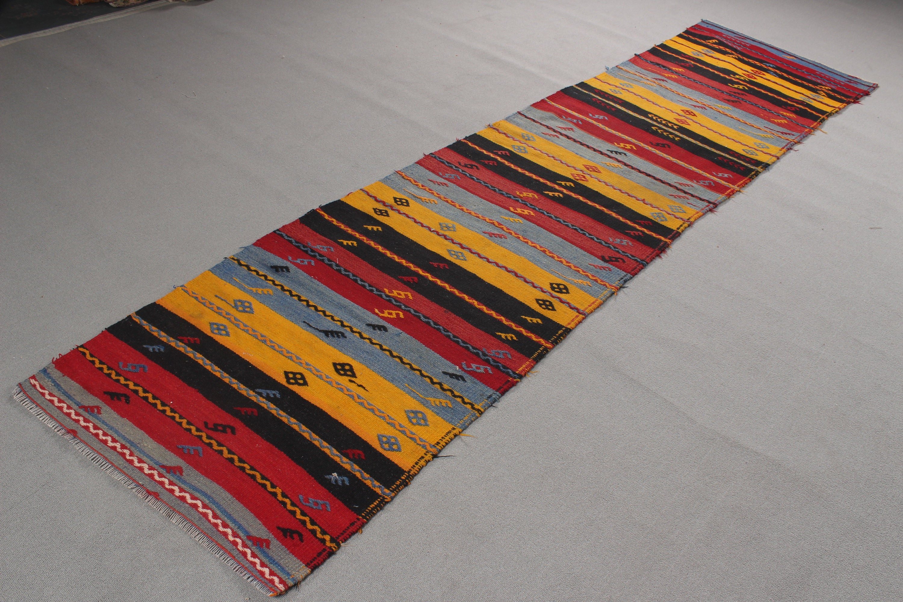 Türkiye Halıları, 2.9x11.4 ft Runner Halı, Vintage Halı, Uzun Yolluk Halıları, Mutfak Halısı, Geometrik Halı, Kilim, Türk Halıları, Sarı Boho Halı