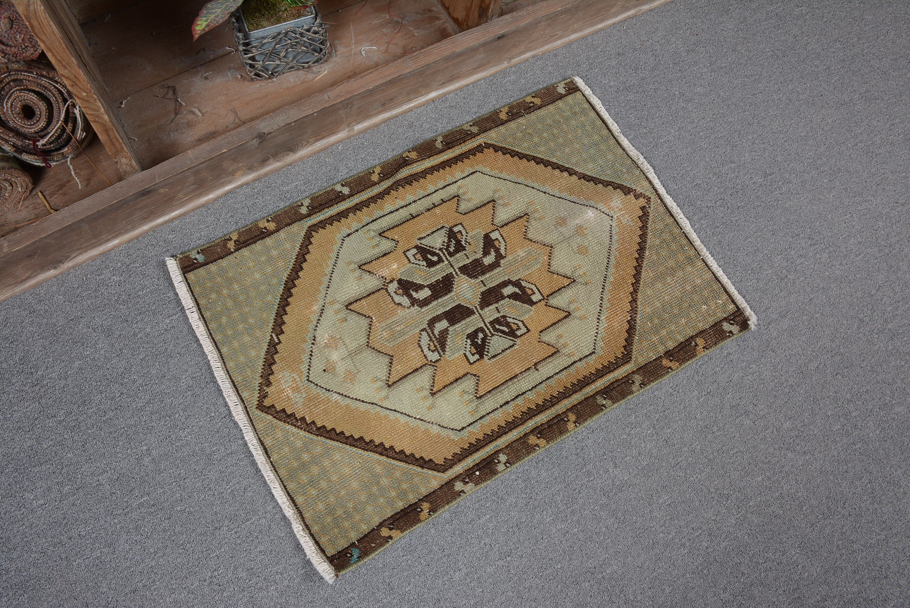 Brown Home Decor Rug, Entry Rug, Bedroom Rug, Door Mat Rug, 1.5x2.2 ft Small Rug, Vintage Rugs, Rugs for Bath, Turkish Rug