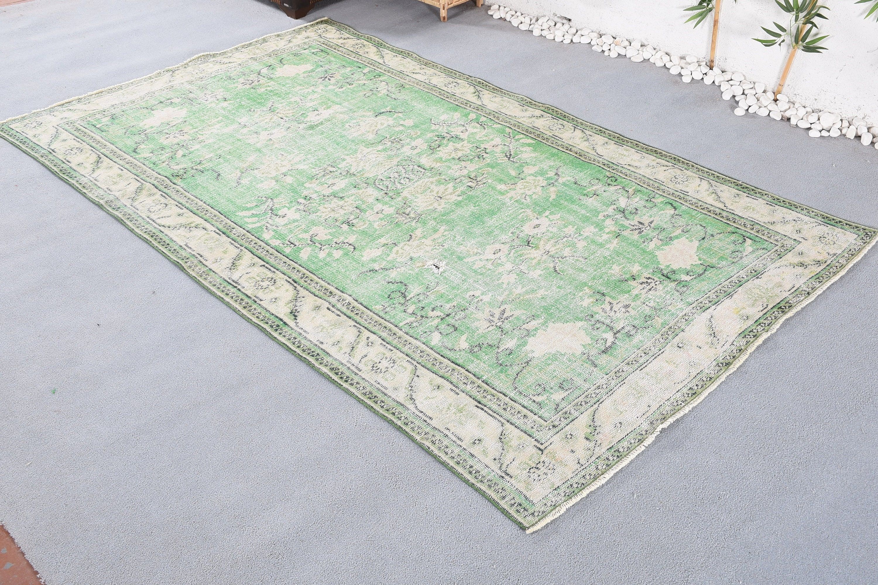 Vintage Halı, Yün Halı, 5.8x9.4 ft Büyük Halı, Türk Halısı, Yemek Odası Halısı, Oturma Odası Halısı, Yeşil Yatak Odası Halısı, Mutfak Halısı, Eklektik Halılar