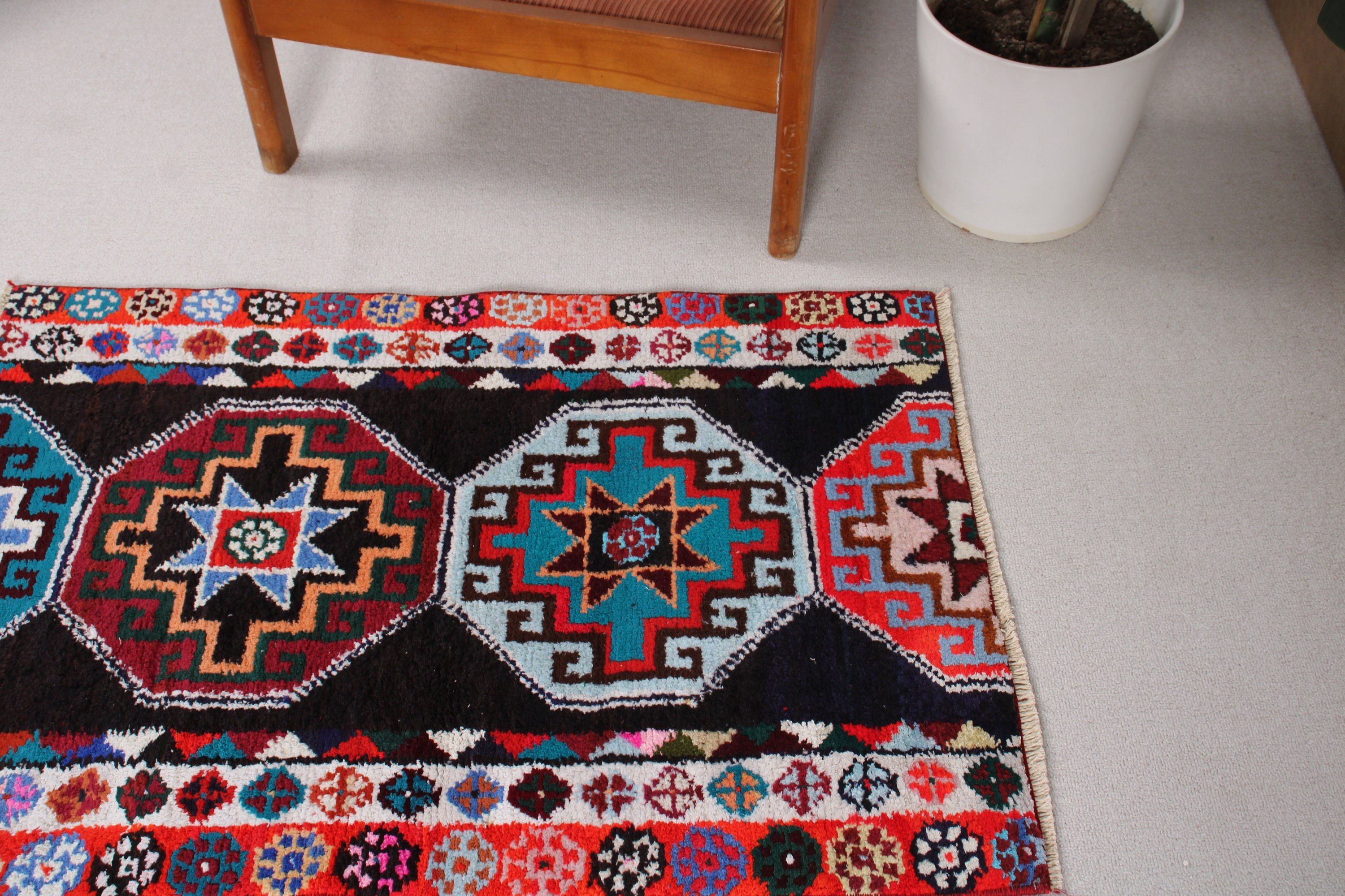 Boho Halı, Türk Halıları, 2.4x3.5 ft Küçük Halı, Küçük Vintage Halı, Vintage Halılar, Anadolu Halıları, Giriş Halıları, Mavi Geometrik Halı, Modern Halılar