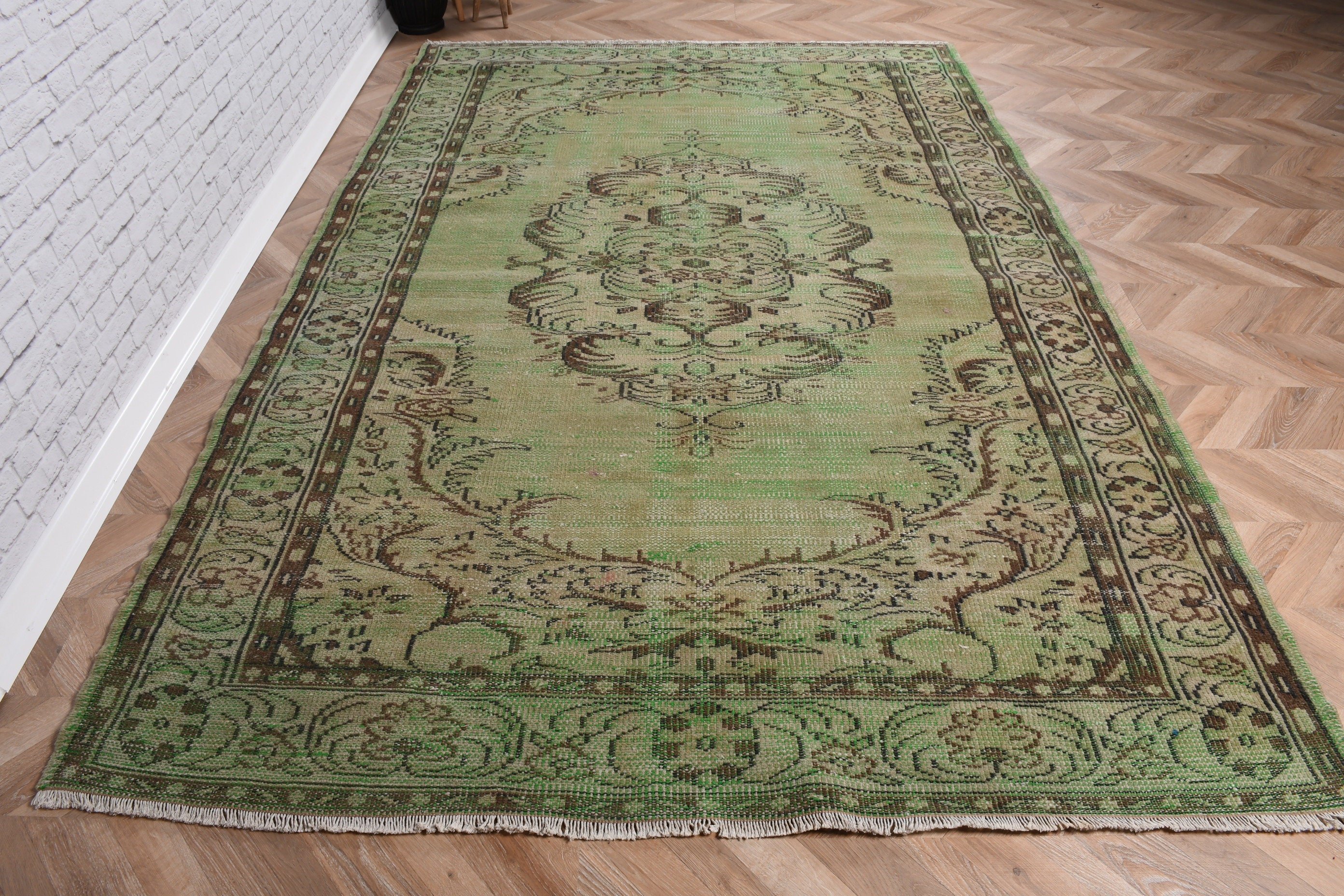 Vintage Halılar, Türk Halıları, Oturma Odası Halısı, Açıklama Halıları, 5.9x9.2 ft Büyük Halı, Yeşil Geometrik Halı, Yemek Odası Halıları