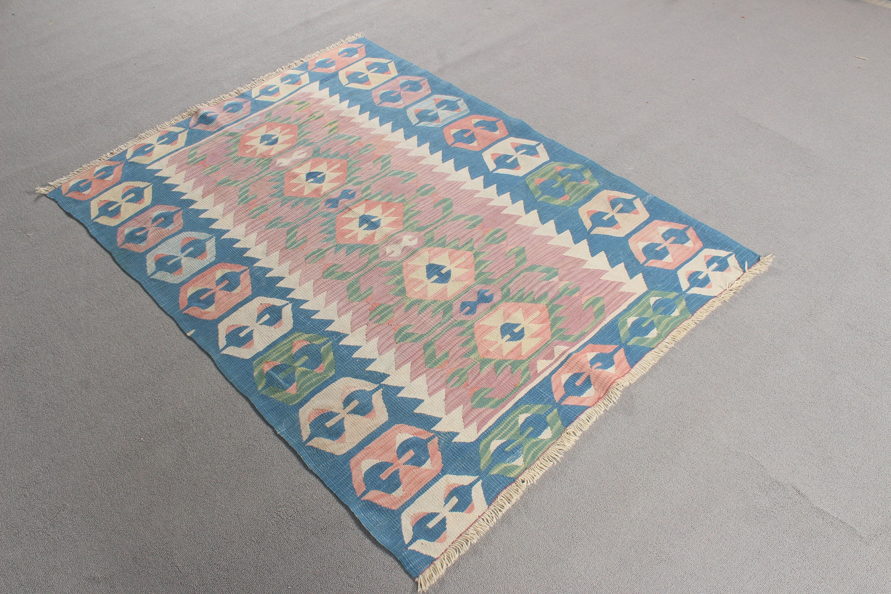 Mavi Oryantal Halı, Vintage Halılar, 3.6x5.2 ft Vurgulu Halılar, Kilim, Vintage Vurgulu Halı, Anadolu Halıları, Yatak Odası Halısı, Türk Halıları, Lüks Halı