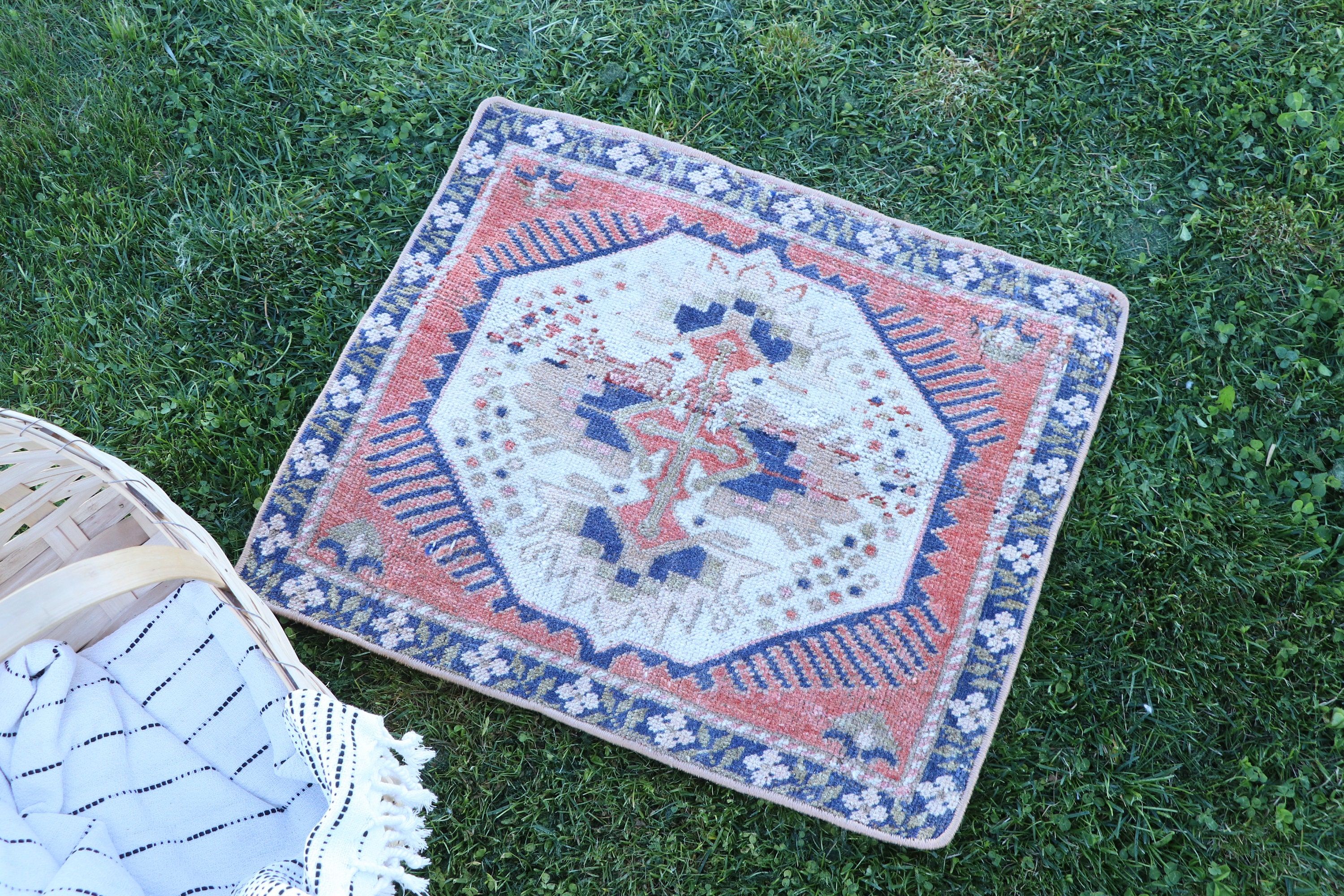 Turkish Rug, Orange Statement Rugs, Neutral Rugs, 1.5x1.8 ft Small Rugs, Vintage Rugs, Office Rug, Small Boho Rugs, Bath Rug