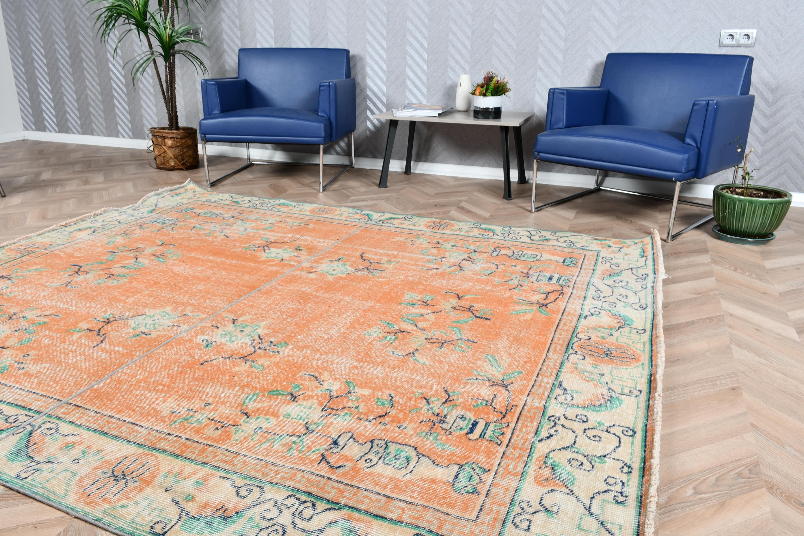 Bedroom Rugs, Orange Kitchen Rug, Salon Rug, 6.9x8.1 ft Large Rug, Moroccan Rug, Turkish Rug, Designer Rug, Vintage Rug, Kitchen Rugs