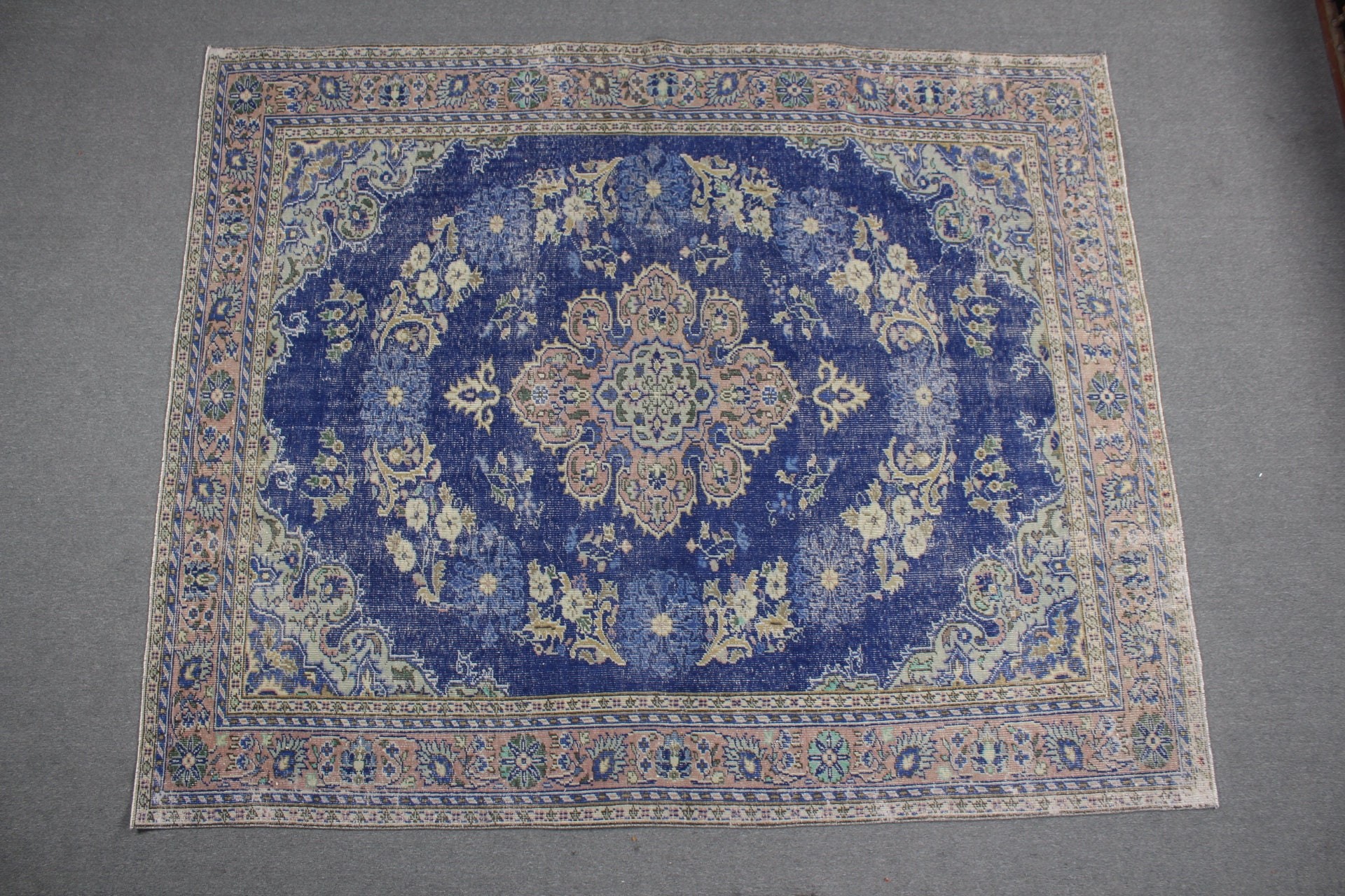 7.8x9.5 ft Büyük Boy Halı, Oturma Odası Halısı, Türk Halısı, Vintage Halı, Eski Halı, Mavi Oryantal Halılar, Oushak Halıları, Ev Dekor Halıları, Salon Halısı