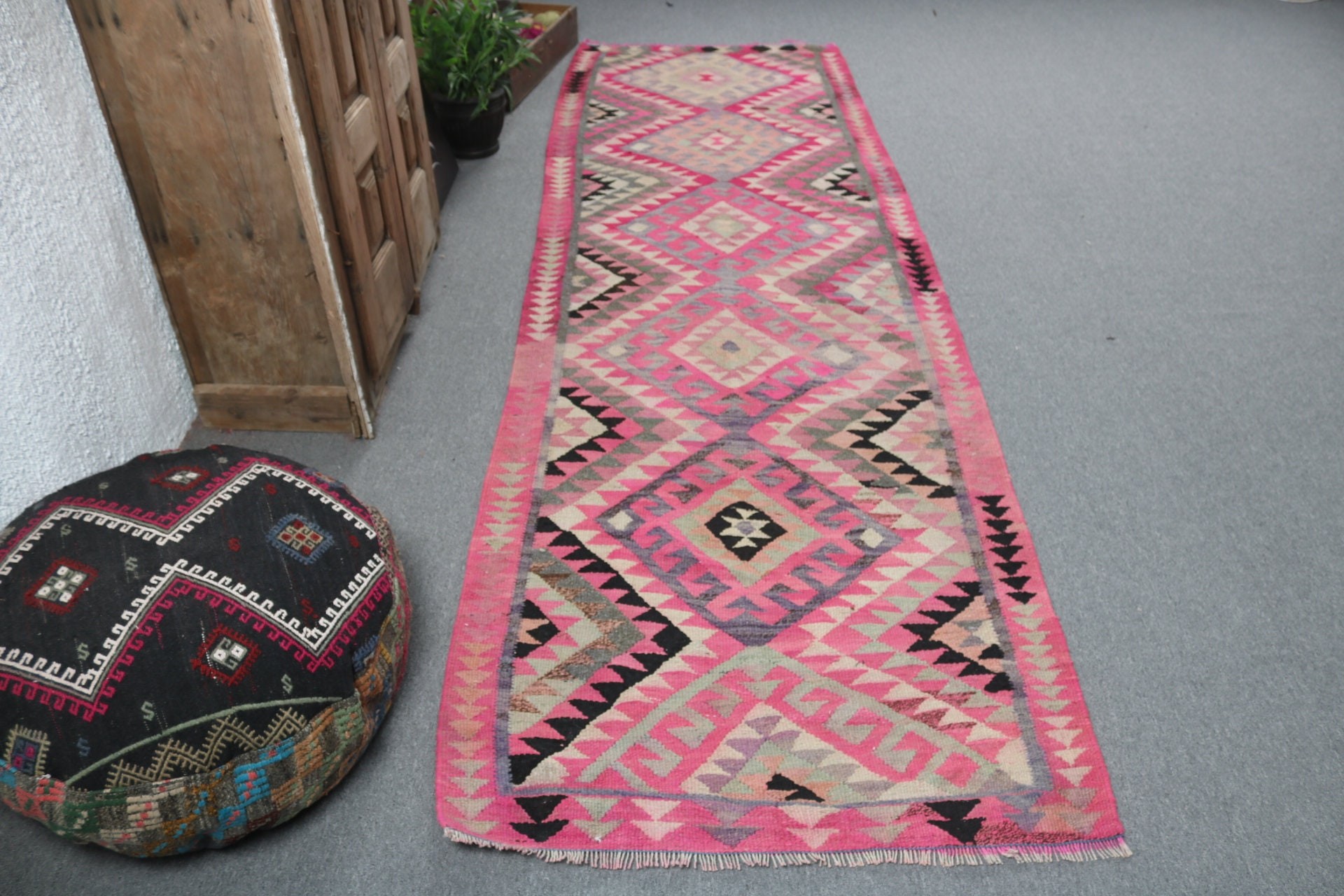 Handwoven Rug, Geometric Rug, 3.2x10.9 ft Runner Rug, Turkish Rug, Beni Ourain Runner Rugs, Pink Bedroom Rug, Vintage Rugs, Stair Rug