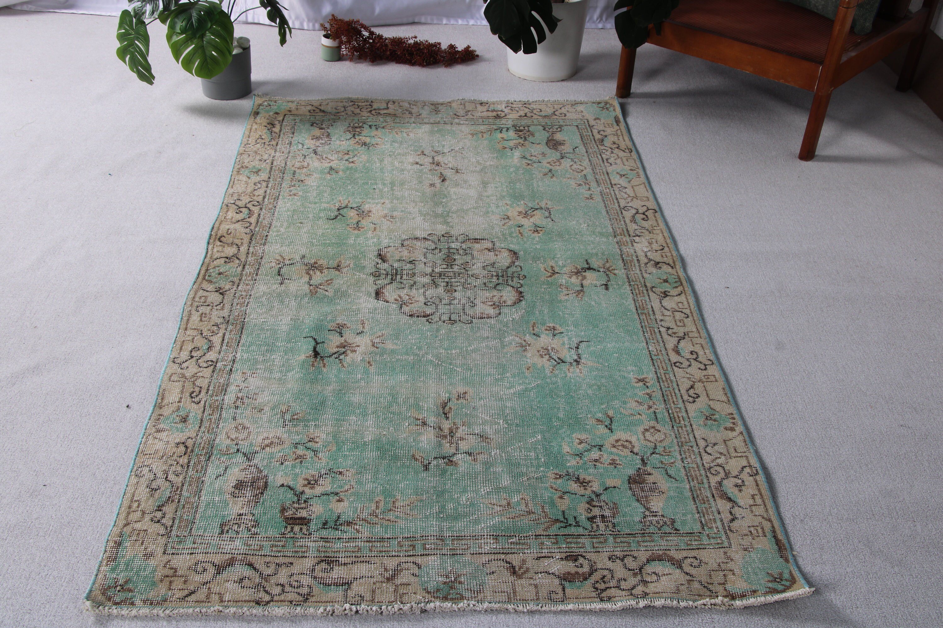 Boho Area Rug, Neutral Rug, Vintage Rug, Rugs for Area, Green Flatweave Rug, Bedroom Rugs, 3.7x6.6 ft Area Rug, Turkish Rug, Moroccan Rug