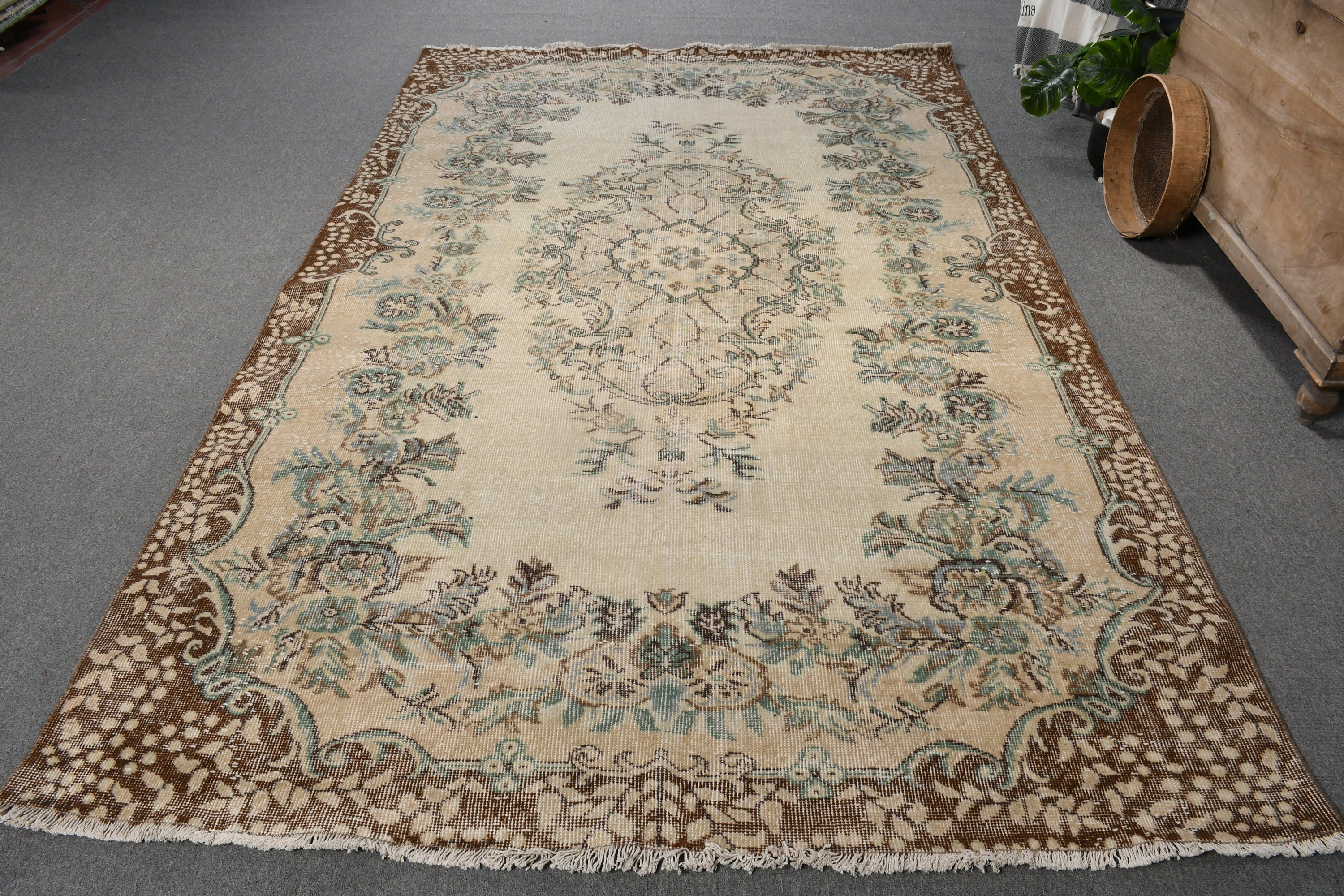 Bej Anadolu Halısı, Vintage Halı, Fas Halıları, 5.9x9.5 ft Büyük Halı, Özel Halı, Yemek Odası Halıları, Salon Halısı, Antika Halı, Türk Halısı