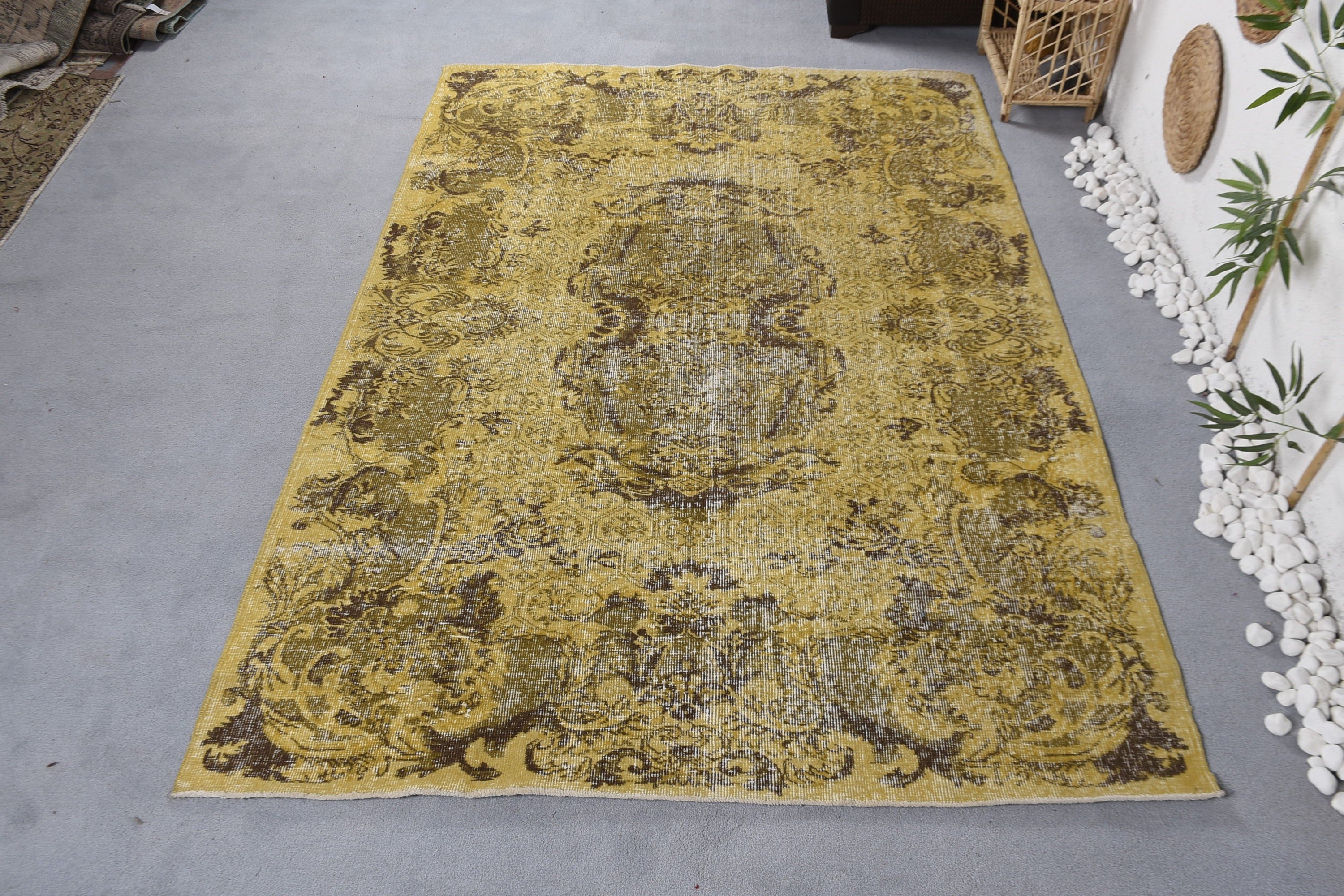 Yellow Kitchen Rug, Dining Room Rugs, Anatolian Rugs, Living Room Rugs, 5.8x8.6 ft Large Rug, Turkish Rug, Vintage Rugs
