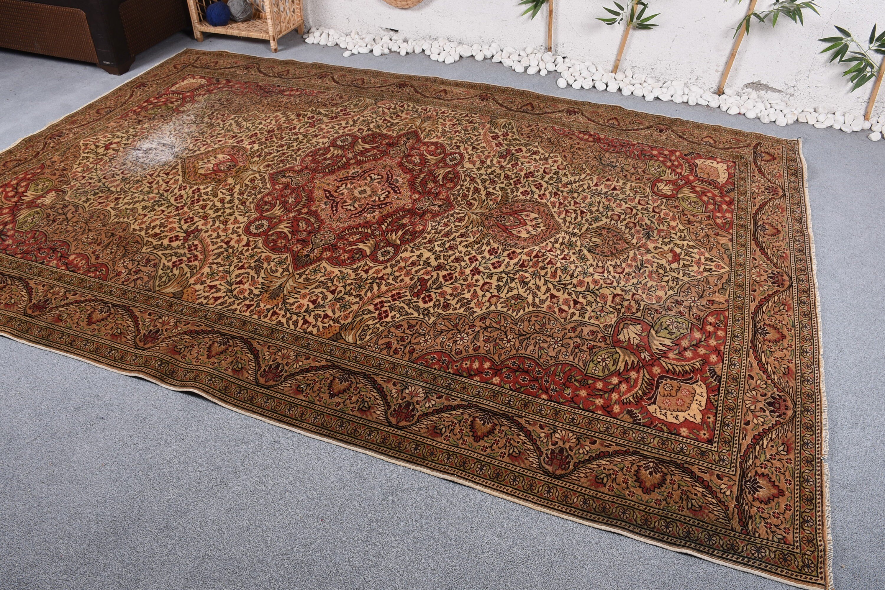 Mutfak Halısı, Oturma Odası Halıları, Bej Antika Halılar, Vintage Halı, Oushak Halı, Soluk Halı, 6.6x9.6 ft Büyük Halılar, Salon Halıları, Türk Halısı