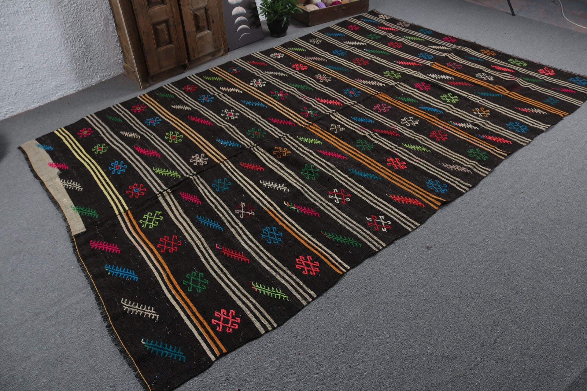 Turkish Rug, Wool Rug, Black Moroccan Rug, 7.4x11.8 ft Oversize Rugs, Kilim, Vintage Rugs, Living Room Rugs, Turkey Rugs