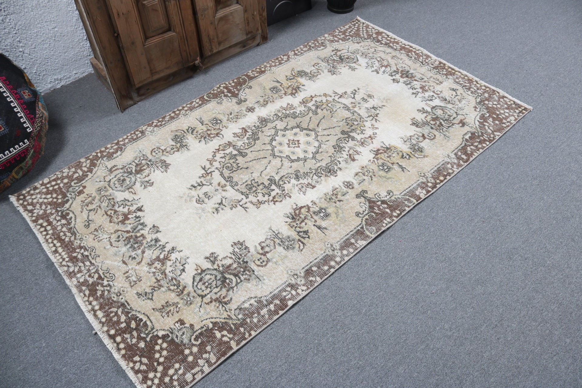 Fas Halısı, Bej Ev Dekorasyonu Halısı, Türk Halıları, Boho Vurgulu Halı, 3,5x6,3 ft Vurgulu Halılar, Vintage Halılar, Dekoratif Halılar, El Dokuma Halı