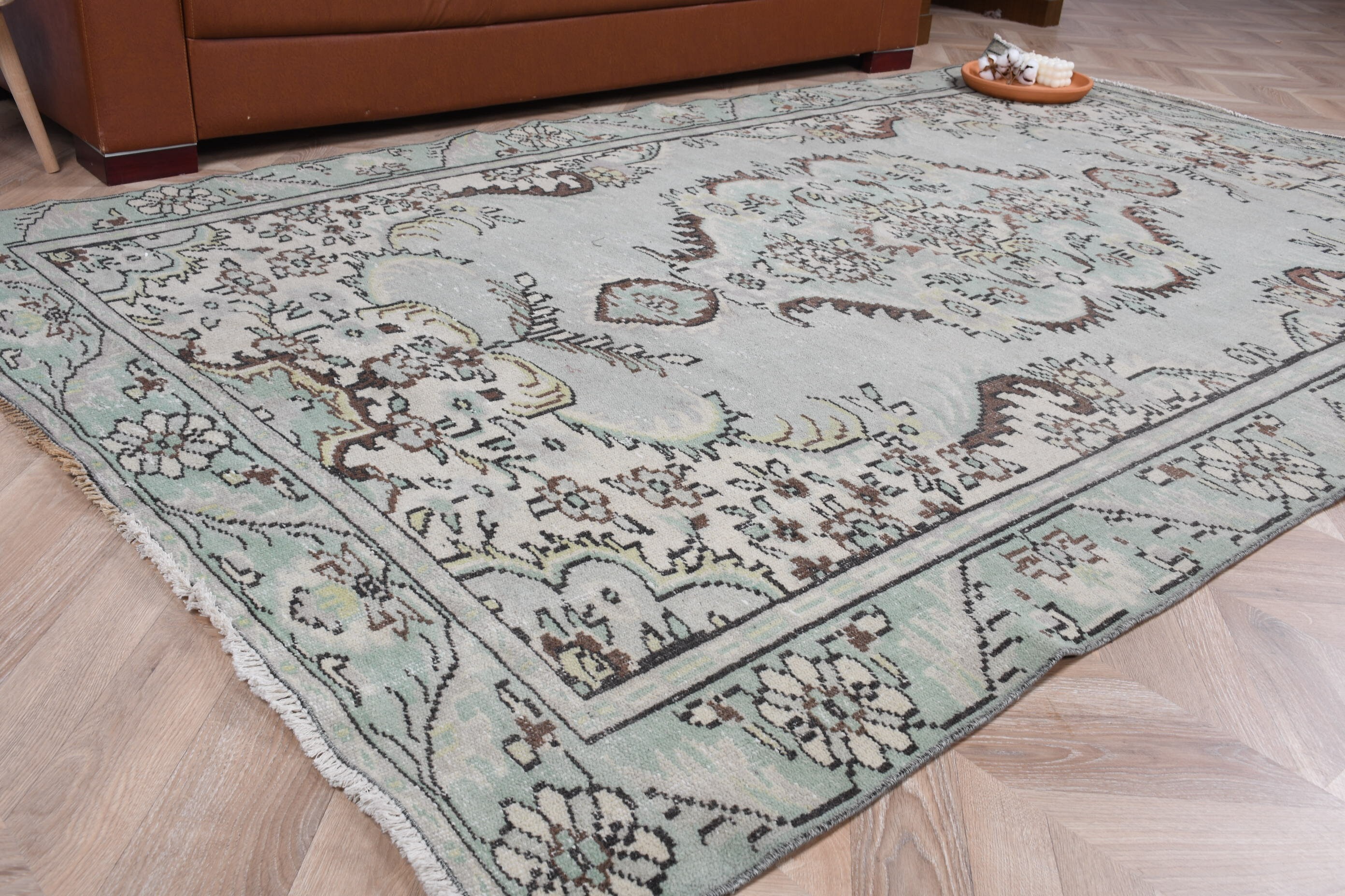 Turkish Rug, Vintage Rugs, Rugs for Bedroom, Oriental Rug, Green Wool Rug, Salon Rugs, 5.2x8.6 ft Large Rug, Oushak Rug, Dining Room Rug