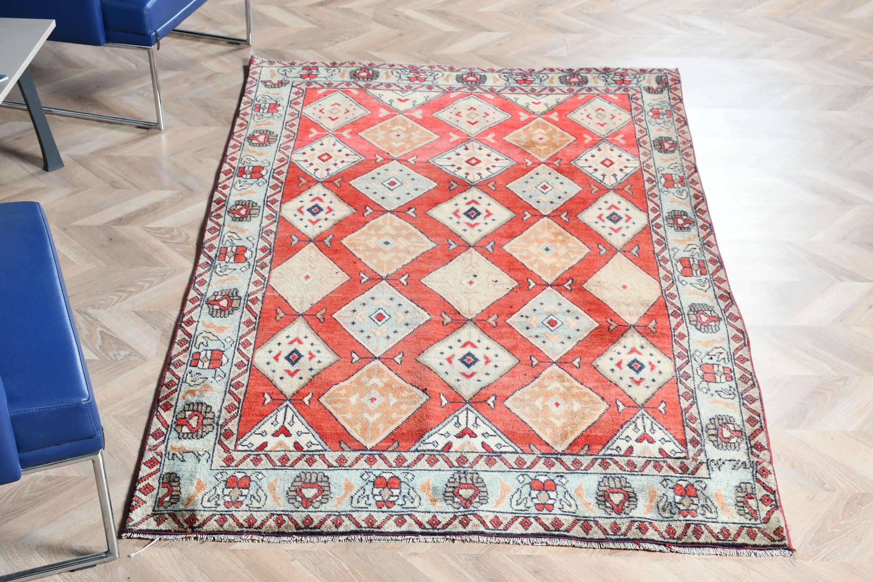 Yer Halısı, Ev Dekorasyonu Halısı, 4.3x7.7 ft Alan Halıları, Vintage Halı, Kırmızı Oushak Halısı, Antika Halı, İç Mekan Halıları, İç Mekan Halısı, Türk Halıları