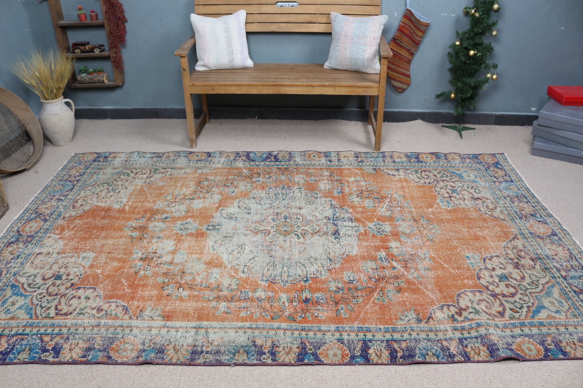 Orange Home Decor Rug, Living Room Rug, Dining Room Rugs, Vintage Rugs, Bedroom Rug, Turkish Rugs, Kitchen Rug, 5.4x9.2 ft Large Rugs