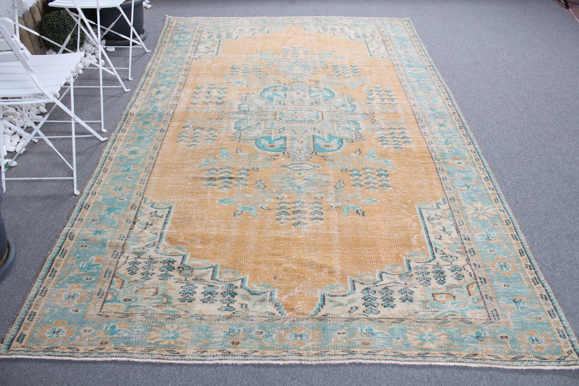 Salon Halısı, Oushak Halısı, Soluk Halı, Vintage Halılar, Turuncu Yün Halı, Ev Dekorasyonu Halıları, Yemek Odası Halısı, 6,2x9,6 ft Büyük Halı, Türk Halıları