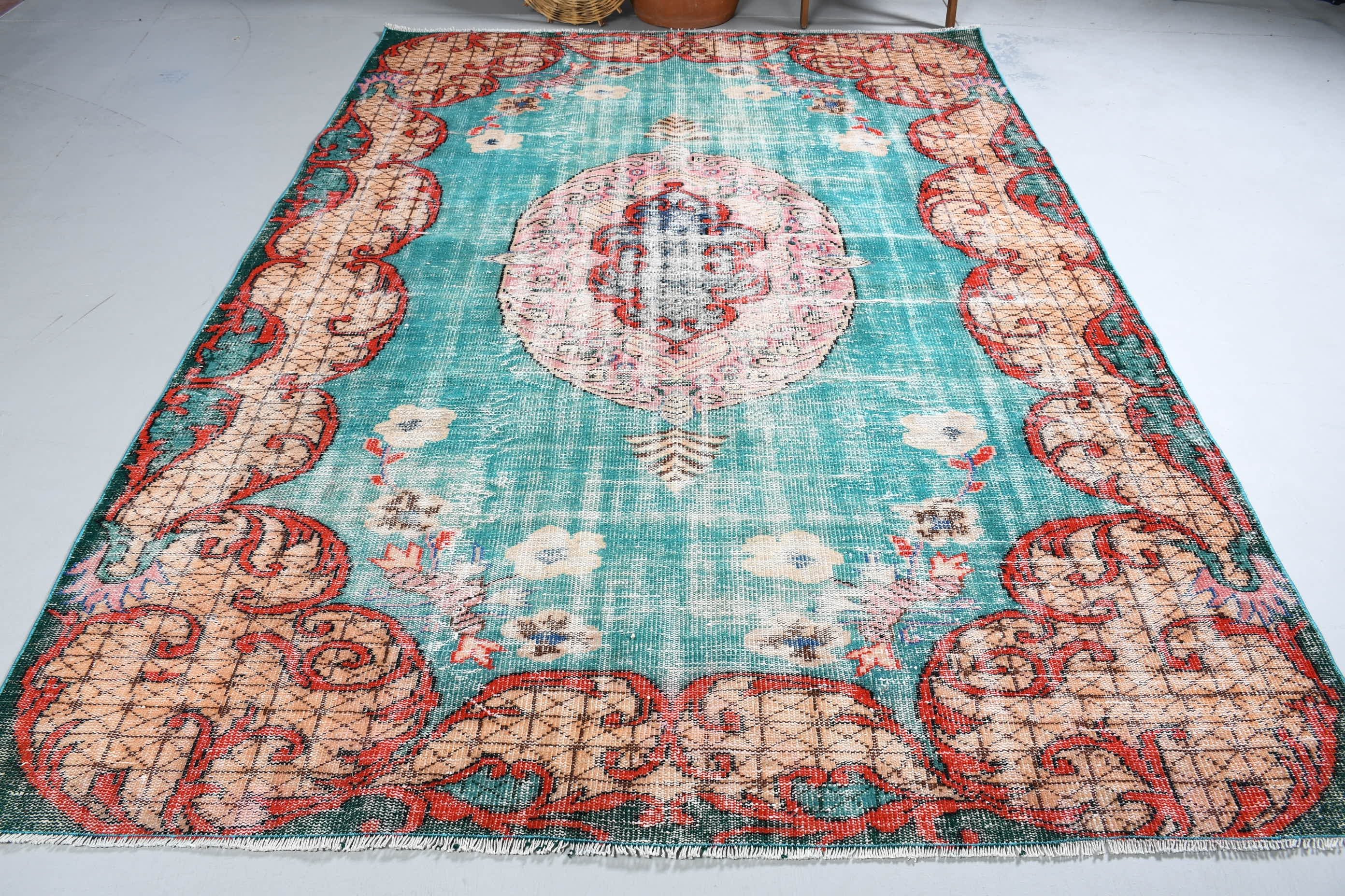 Bedroom Rug, Turkish Rug, 6.7x9.4 ft Large Rugs, Floor Rug, Vintage Rugs, Living Room Rug, Home Decor Rug, Blue Oushak Rugs, Kitchen Rug