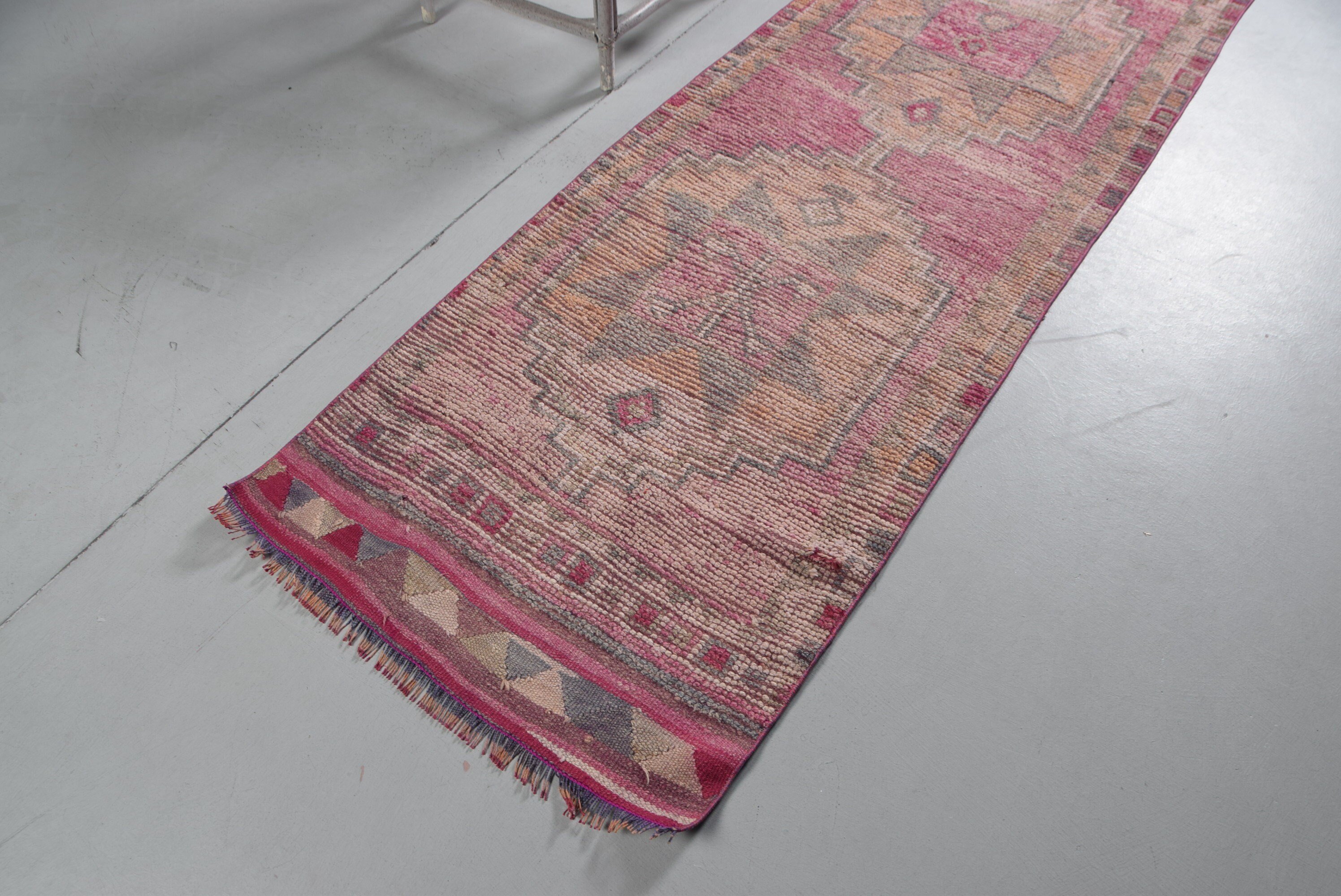 Wool Rug, Turkish Rug, Handwoven Rug, Vintage Rug, Rugs for Corridor, 2.7x10.3 ft Runner Rug, Pink Anatolian Rug, Kitchen Rug