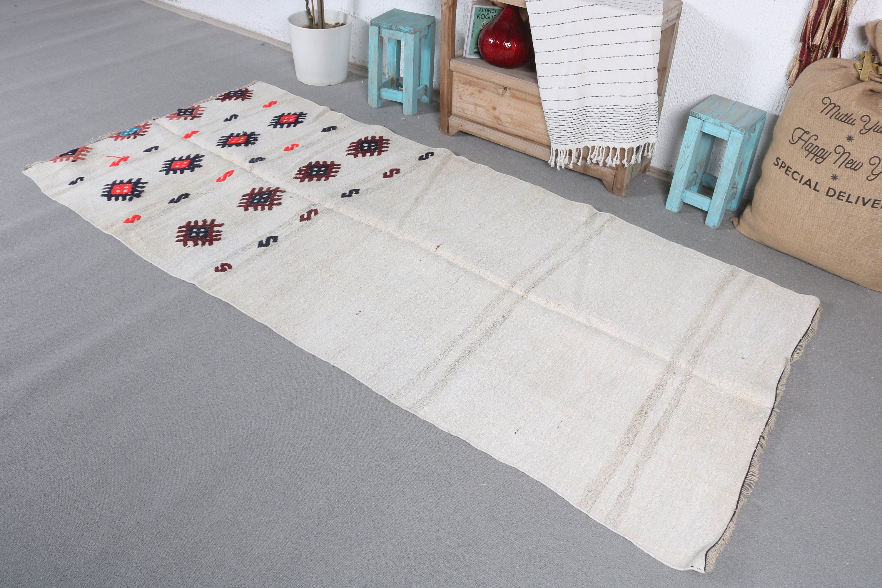 Bedroom Rugs, Moroccan Rug, Turkish Rugs, 3.6x8.2 ft Area Rug, Indoor Rugs, Nursery Rug, Vintage Rug, White Cool Rug, Rugs for Living Room