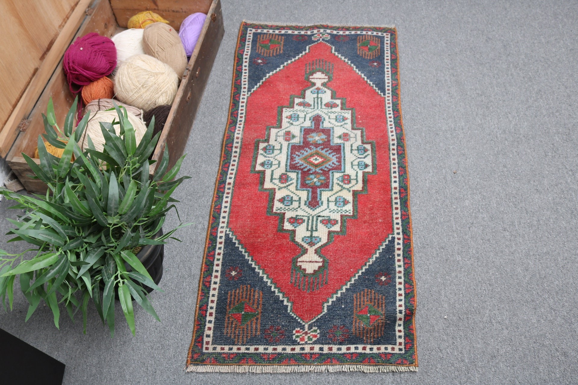 1.6x3.8 ft Small Rugs, Vintage Rug, Antique Rug, Turkish Rug, Kitchen Rug, Geometric Rug, Bathroom Rug, Red Handwoven Rugs, Boho Rug