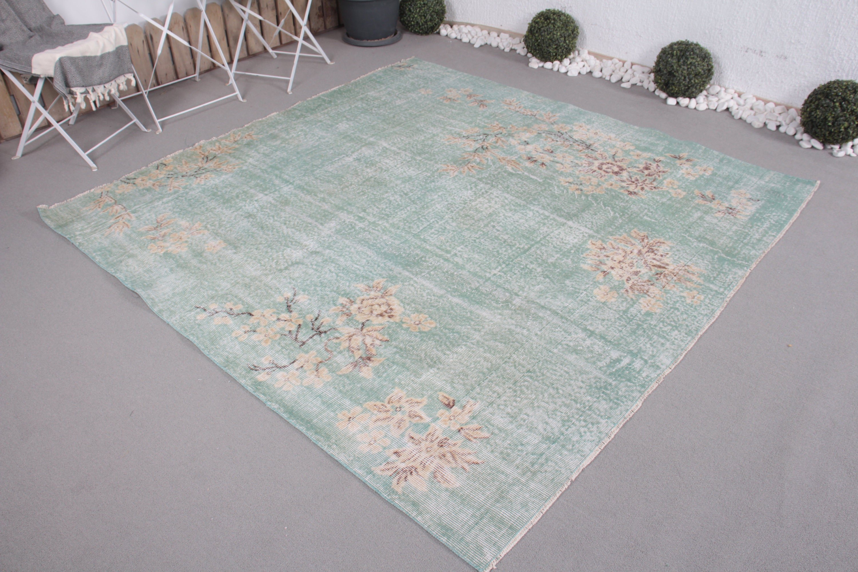 6.7x6.7 ft Large Rug, Turkish Rugs, Wool Rug, Salon Rugs, Dining Room Rugs, Green Bedroom Rugs, Vintage Rug, Rugs for Salon