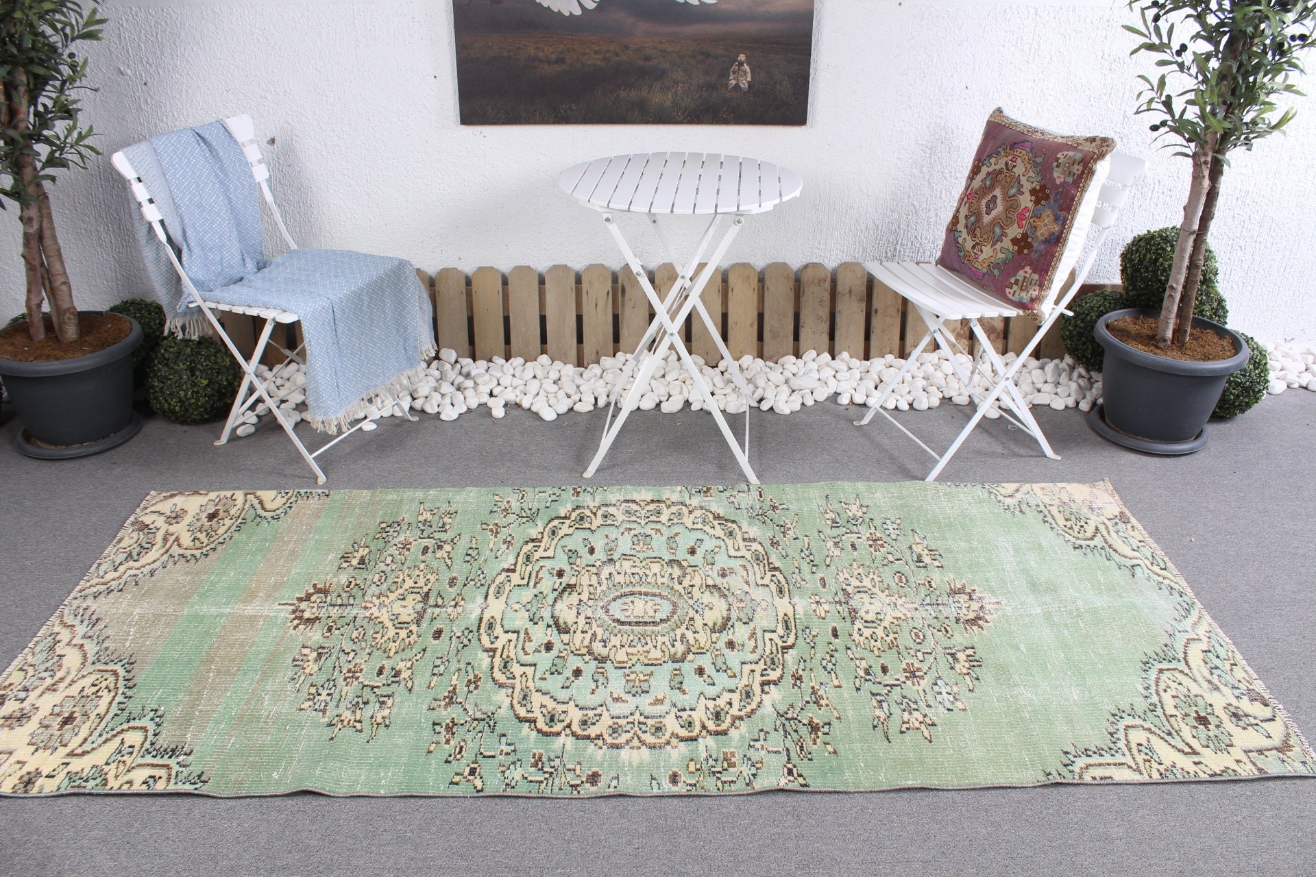 Vintage Halı, Yemek Odası Halıları, 3,5x8 ft Alan Halısı, Türk Halıları, Vintage Dekor Halıları, Oushak Halıları, Yer Halısı, Yeşil Fas Halıları