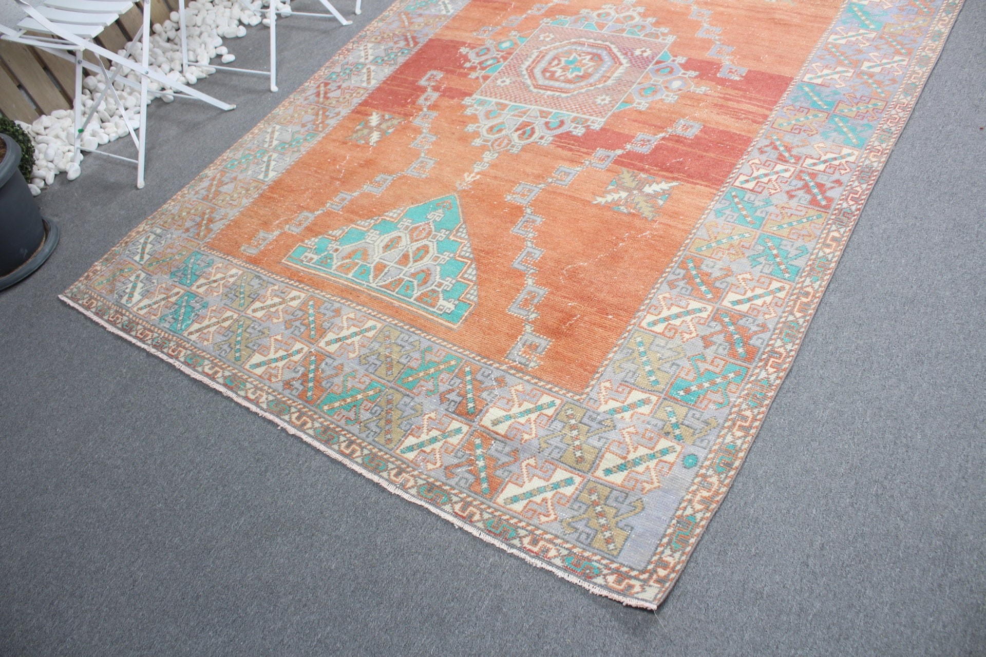 5.7x8.5 ft Large Rug, Vintage Rug, Old Rug, Turkish Rugs, Oriental Rug, Orange Floor Rug, Dining Room Rugs, Living Room Rugs, Anatolian Rug