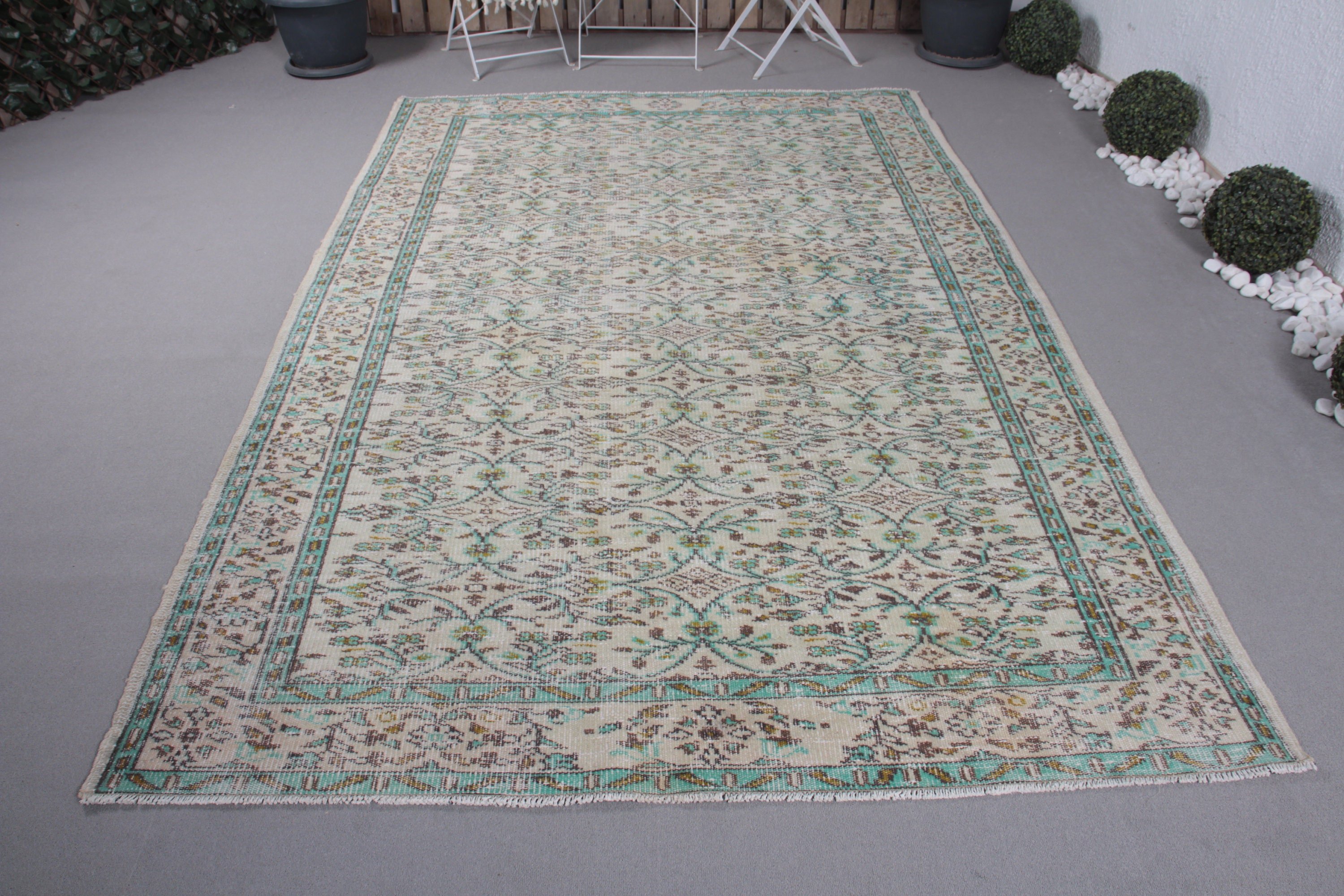 Vintage Halı, Yer Halısı, Bej 5.8x9.2 ft Büyük Halı, Parlak Halı, Yemek Odası Halısı, Türk Halısı, Oturma Odası Halısı, Anadolu Halısı