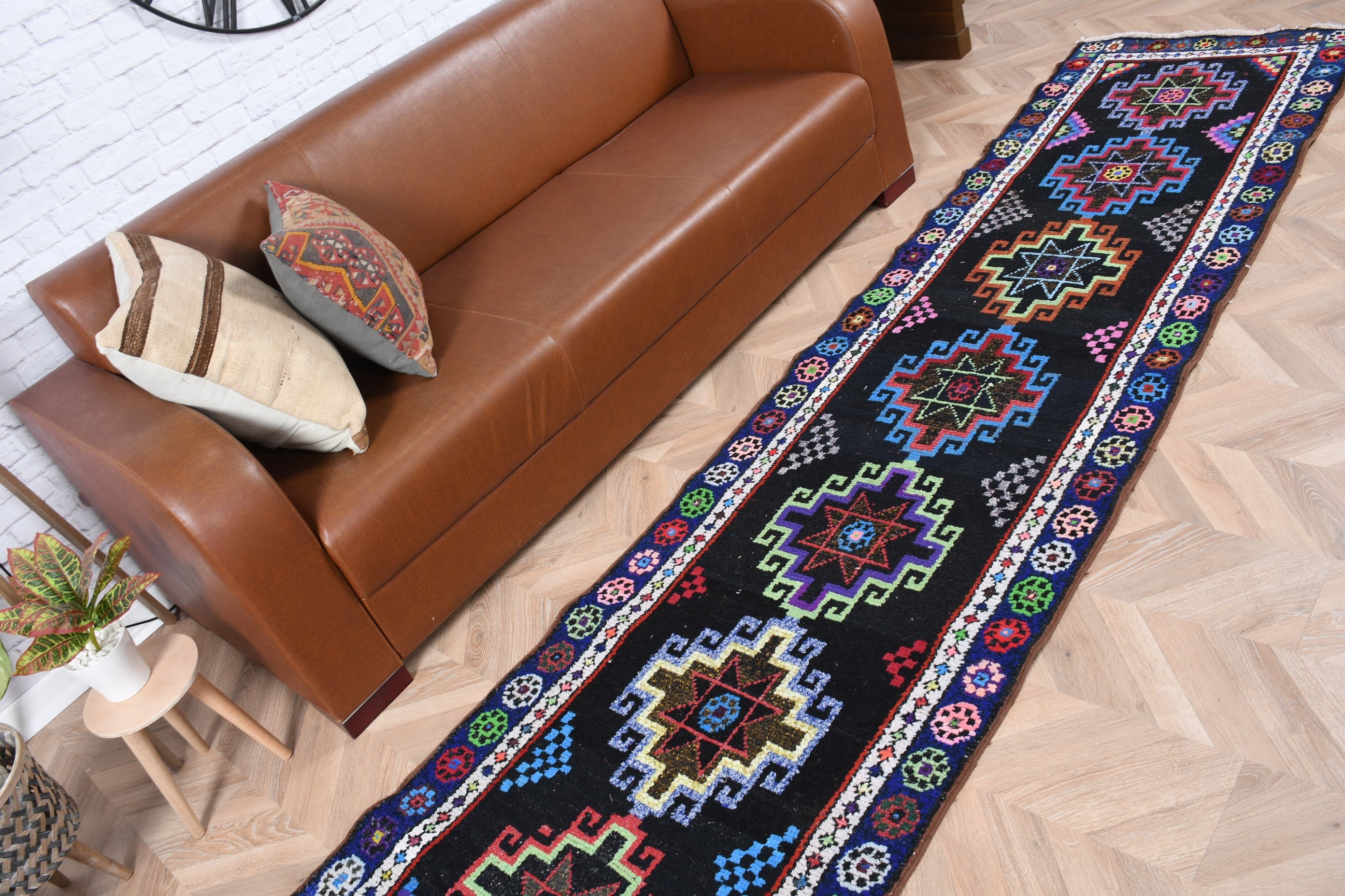 Black Home Decor Rug, Turkish Rugs, Stair Rug, Wool Rug, Kitchen Rug, Bright Rug, Vintage Rug, 2.7x12.2 ft Runner Rug, Anatolian Rugs