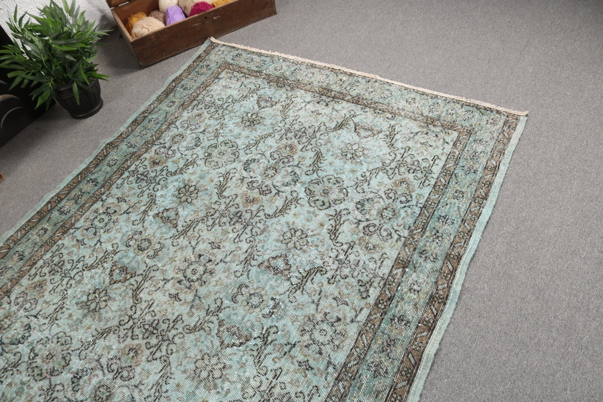 Büyük Vintage Halı, Yatak Odası Halısı, Vintage Halılar, Türk Halıları, Büyük Oushak Halısı, Oryantal Halılar, 5x8,3 ft Büyük Halı, Yeşil Antika Halı