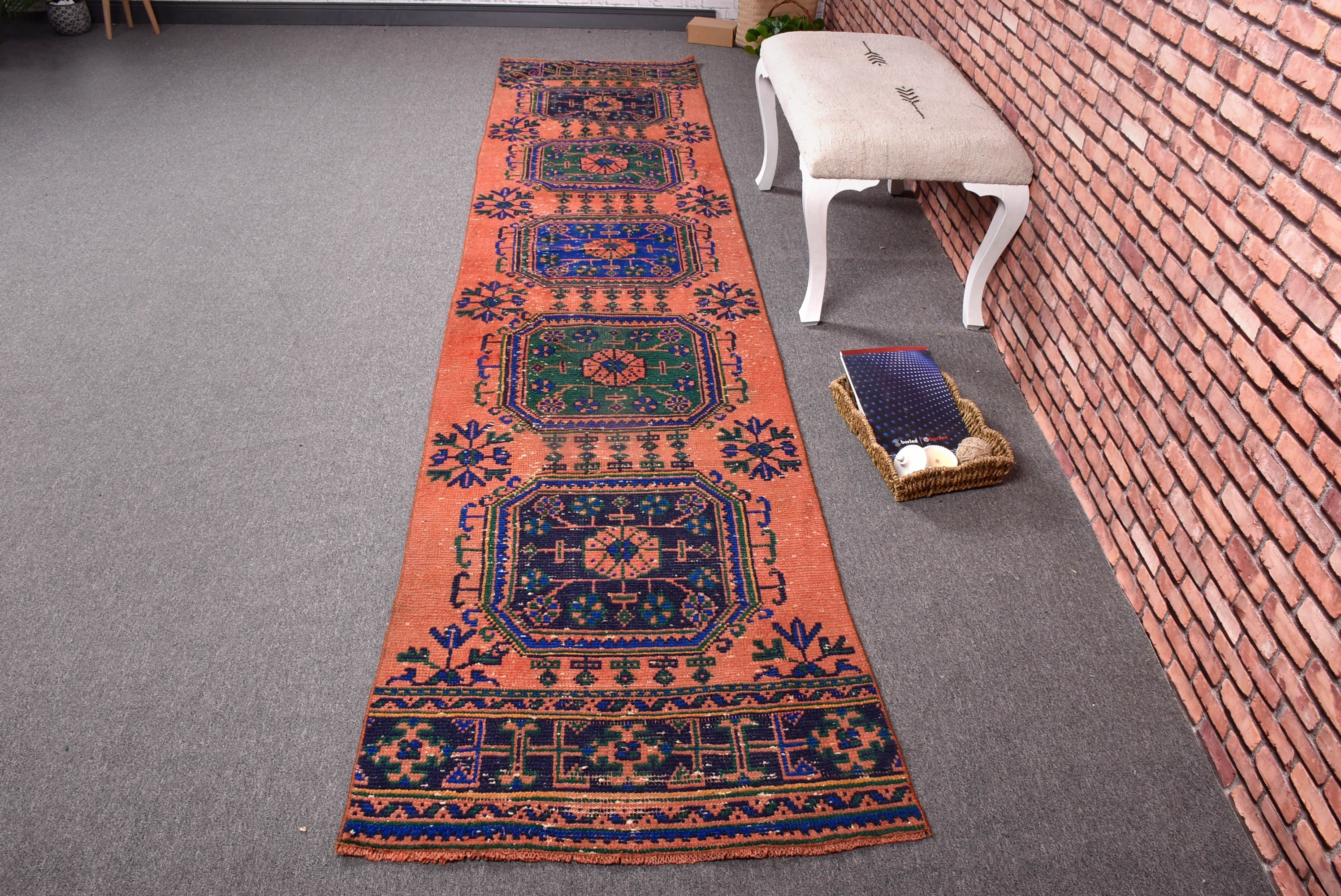 Türk Halısı, Vintage Halı, Mutfak Halısı, Yer Halıları, 2.7x11.5 ft Runner Halısı, Vintage Runner Halıları, Yatak Odası Halıları, Turuncu Geometrik Halılar