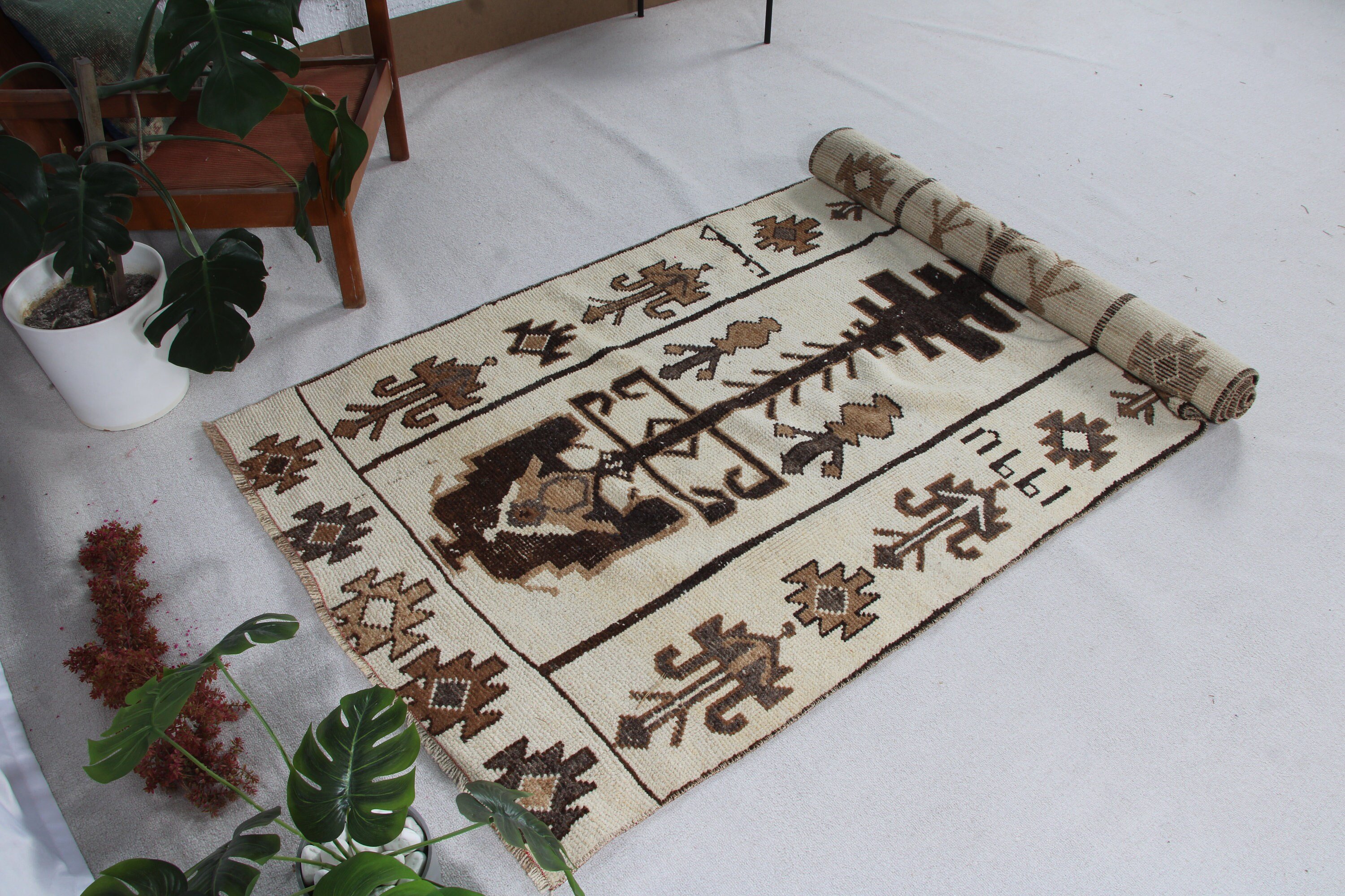 Koridor Halıları, Türk Halısı, Vintage Halılar, Mutfak Halısı, Vintage Runner Halısı, 3.8x10.8 ft Runner Halıları, Kahverengi Yer Halısı, Anadolu Halısı, Boho Halısı