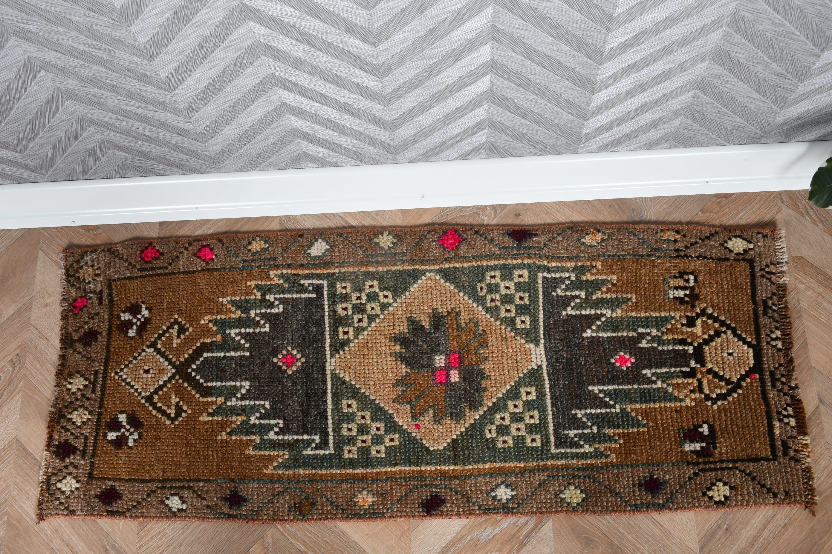 Dorm Rugs, Turkish Rugs, Rugs for Bathroom, Vintage Rug, Kitchen Rug, Bath Rugs, Entry Rug, Brown Wool Rug, 1.4x3.4 ft Small Rug, Floor Rug