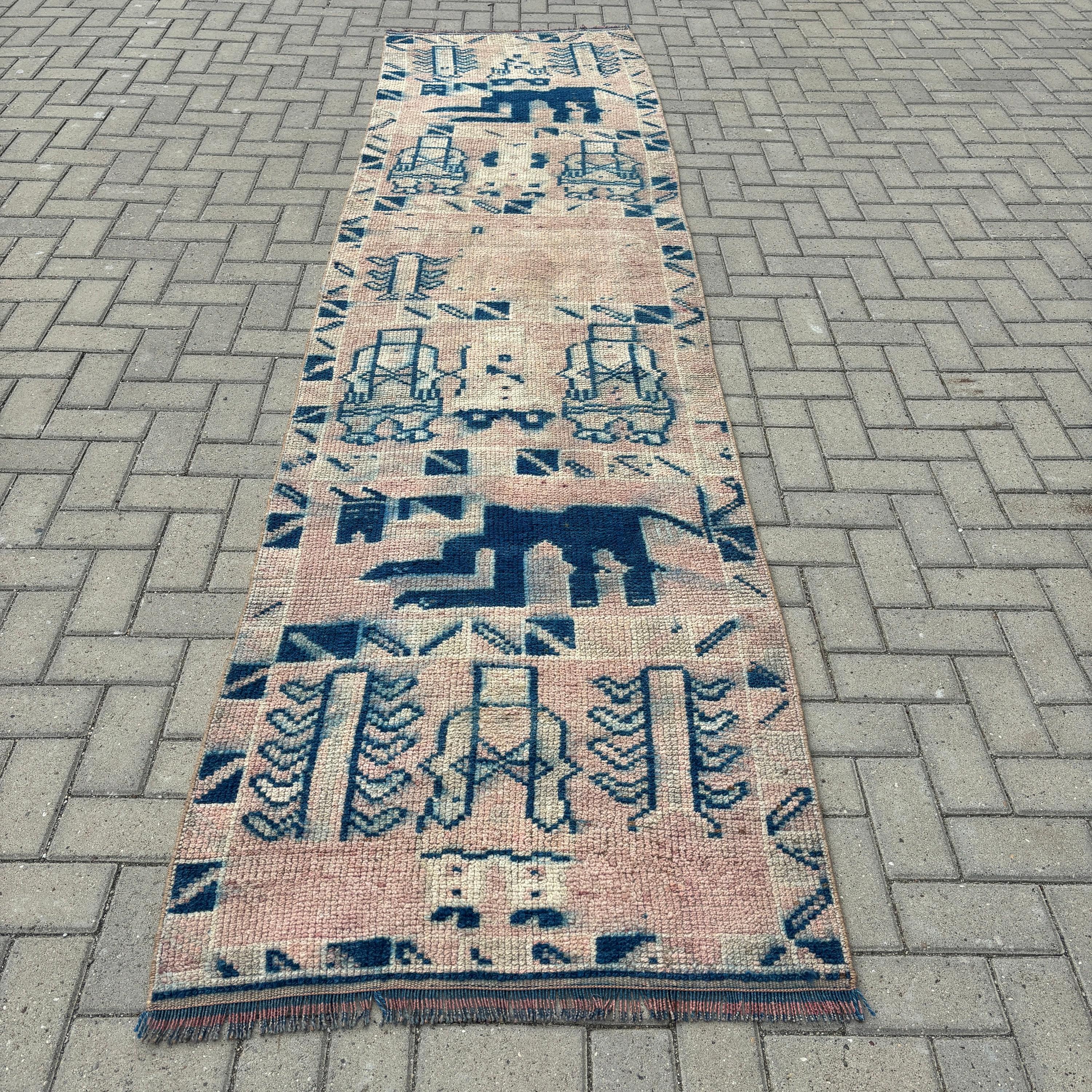 Bej Yatak Odası Halıları, Vintage Halı, Türk Halısı, Düz Dokuma Halılar, Yer Halısı, Mutfak Halıları, Uzun Yolluk Halıları, 3x11.4 ft Yolluk Halısı