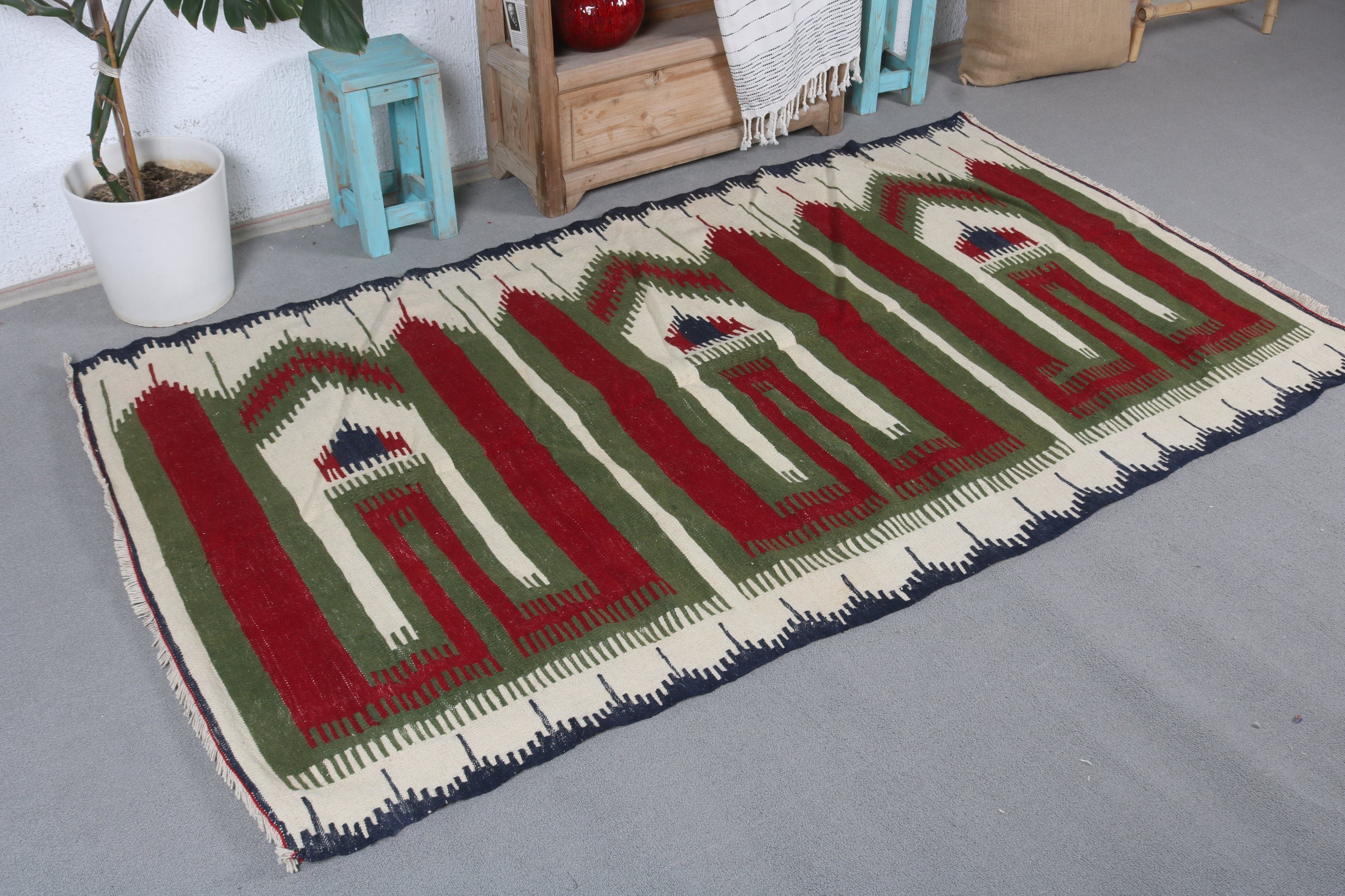 Red Wool Rug, Turkish Rugs, Indoor Rug, Kitchen Rug, Rugs for Floor, Kilim, 4x7.1 ft Area Rug, Anatolian Rug, Vintage Rug