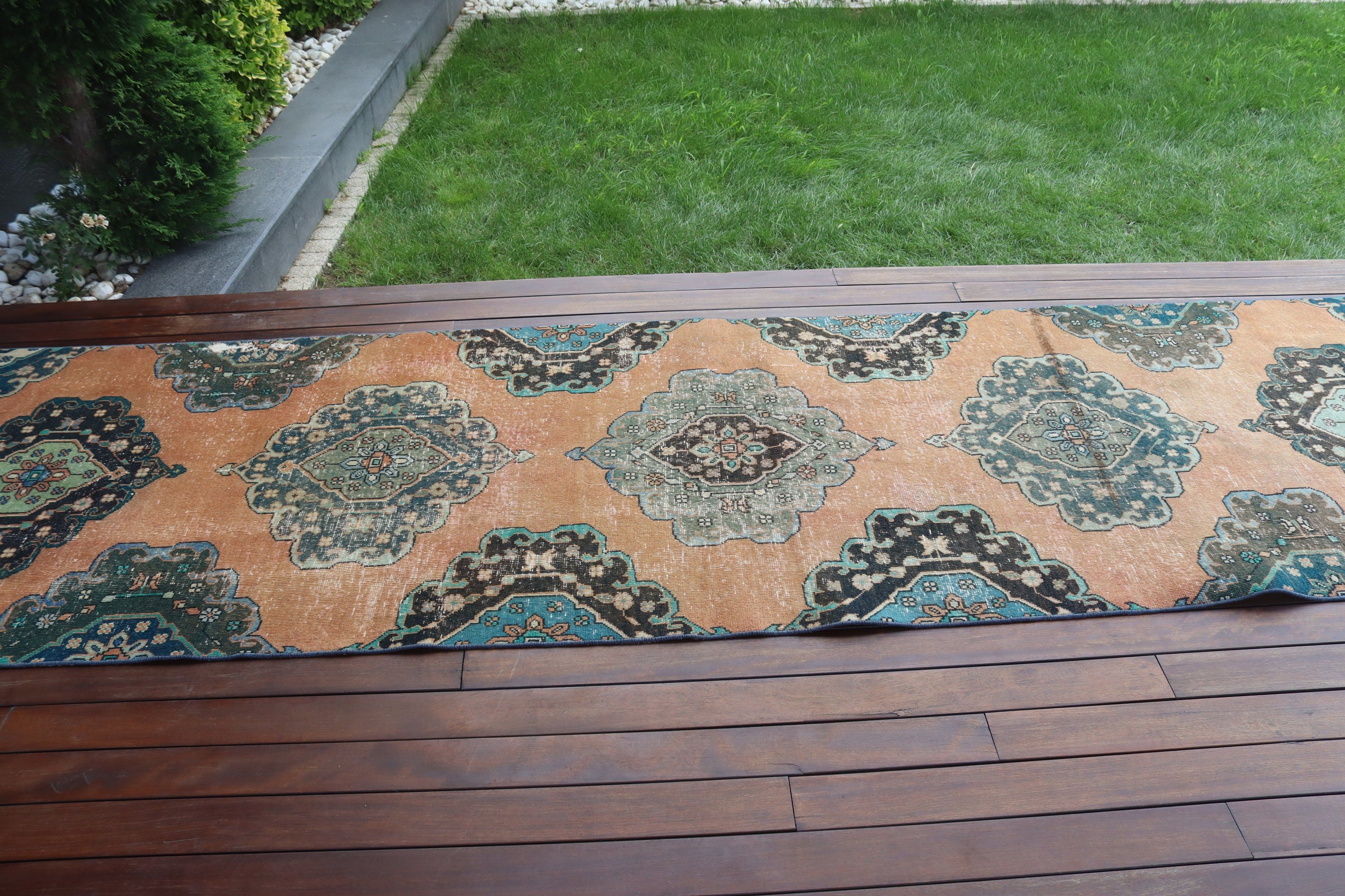 Türk Halısı, 3.2x11.5 ft Koşucu Halısı, Merdiven Halısı, Vintage Halı, Bronz Geometrik Halı, Yer Halıları, Fas Halıları, Beni Ourain Koşucu Halısı