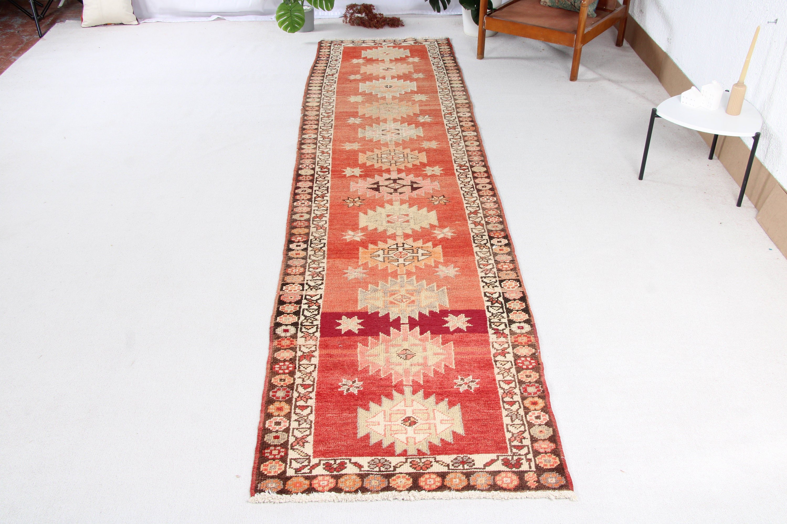 Vintage Rug, Beni Ourain Runner Rugs, Turkish Rugs, Moroccan Rug, Handwoven Rugs, Red Kitchen Rug, Corridor Rugs, 3x12.3 ft Runner Rugs