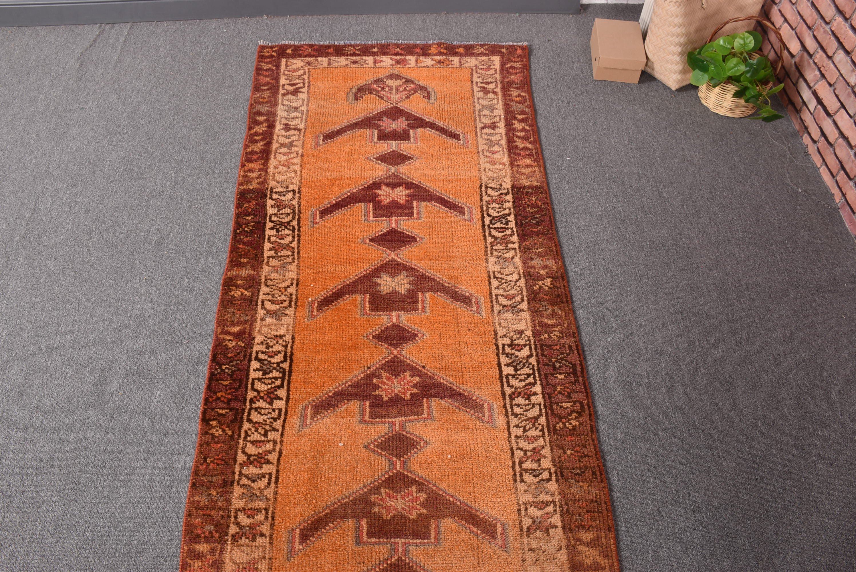 2.5x13 ft Runner Rugs, Turkish Rugs, Cool Rugs, Vintage Rug, Rugs for Hallway, Wool Rug, Orange Boho Rug, Long Runner Rug, Kitchen Rug