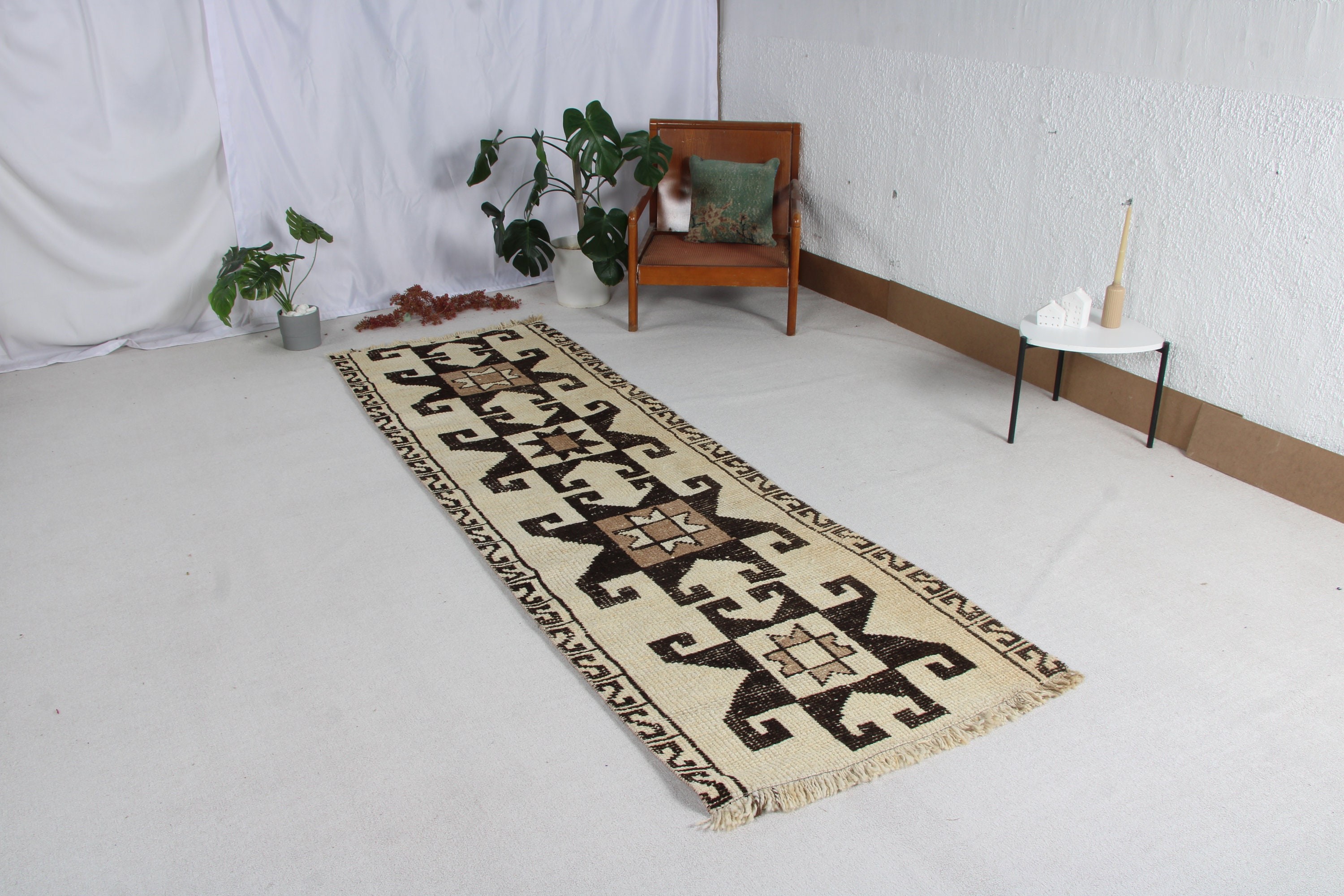 Modern Halı, Uzun Yolluk Halı, Bildiri Halısı, Kahverengi Geometrik Halı, Vintage Halılar, Oushak Halısı, Türk Halıları, Koridor Halısı, 3.1x9.6 ft Yolluk Halısı