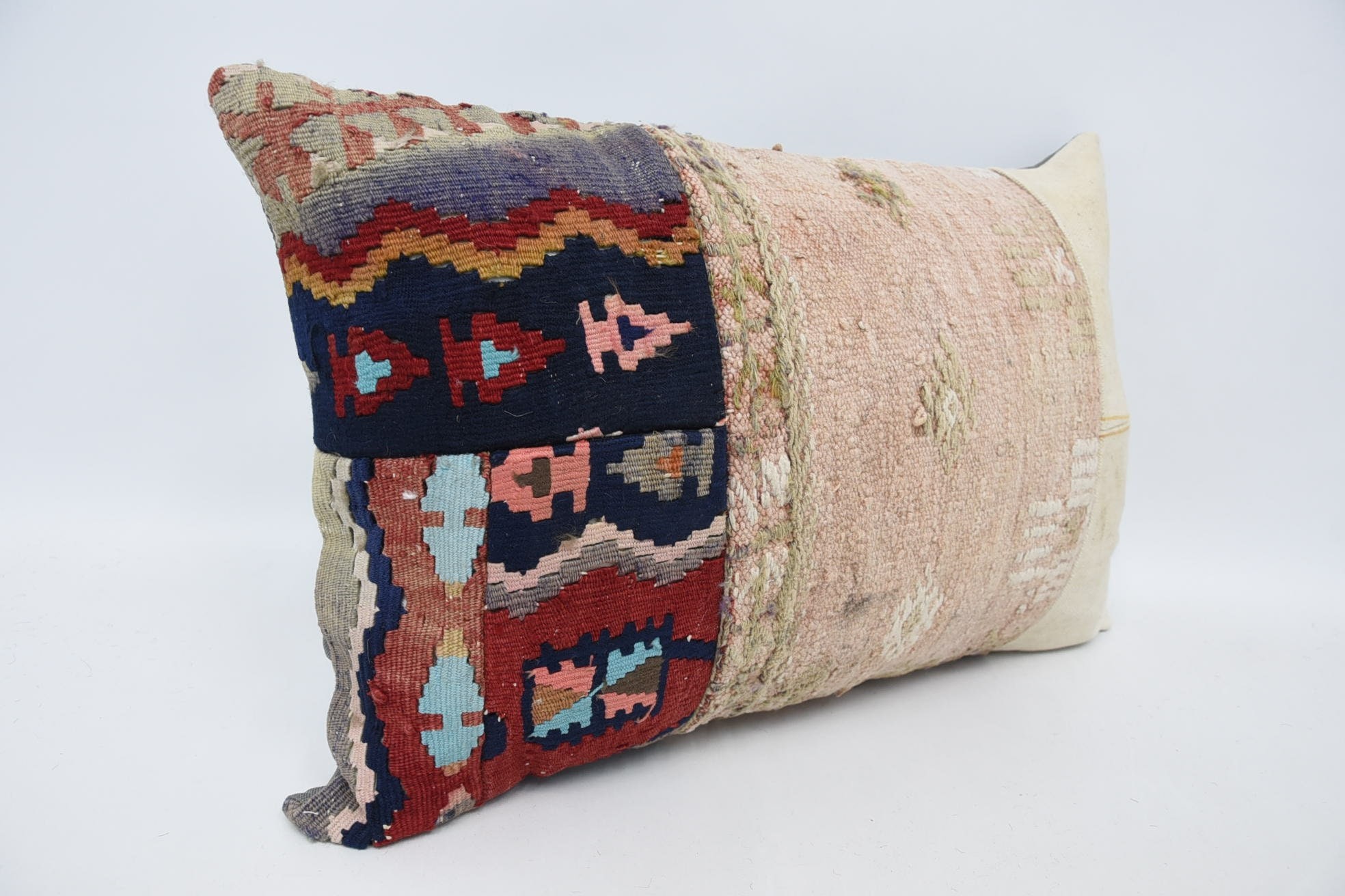 Vintage Pillow, Ethnical Kilim Rug Pillow, Meditation Cushion Cover, Boho Chic Cushion, Turkish Pillow, 16"x24" Pink Pillow