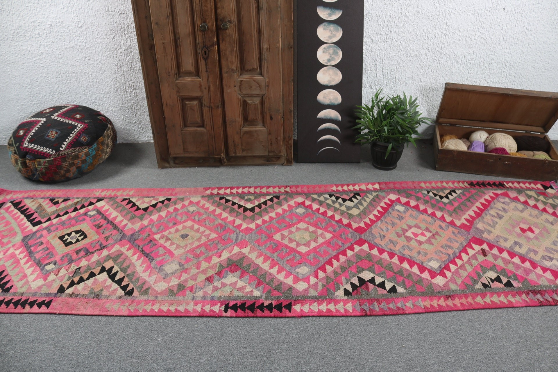 Handwoven Rug, Geometric Rug, 3.2x10.9 ft Runner Rug, Turkish Rug, Beni Ourain Runner Rugs, Pink Bedroom Rug, Vintage Rugs, Stair Rug