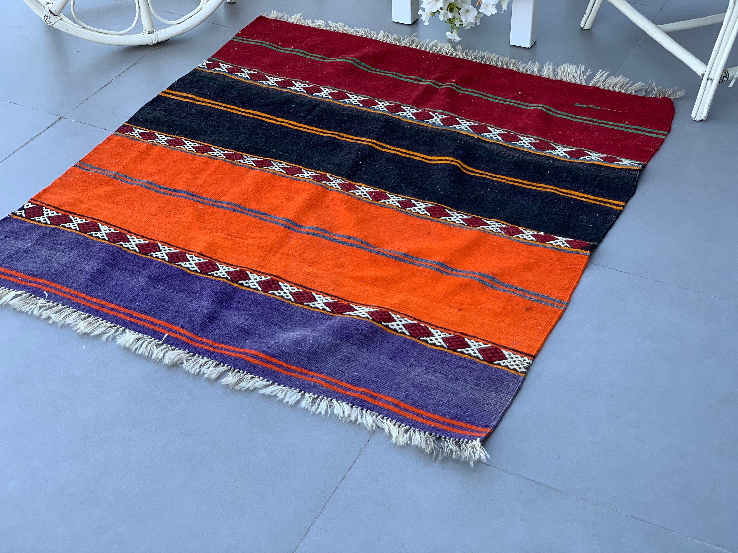 Kilim, Bedroom Rug, Kitchen Rug, Turkish Rug, Orange  4x4.2 ft Accent Rug, Vintage Rug, Natural Rug, Oushak Rug, Oriental Rugs