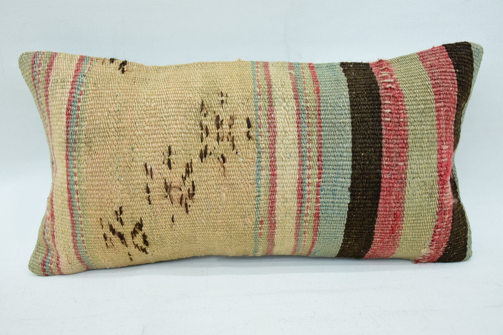 Kilim Rug Pillow Sham, Pillow for Couch, 8"x16" Beige Cushion, Handmade Kilim Cushion, Turkish Bench Pillow Cover, Antique Pillows