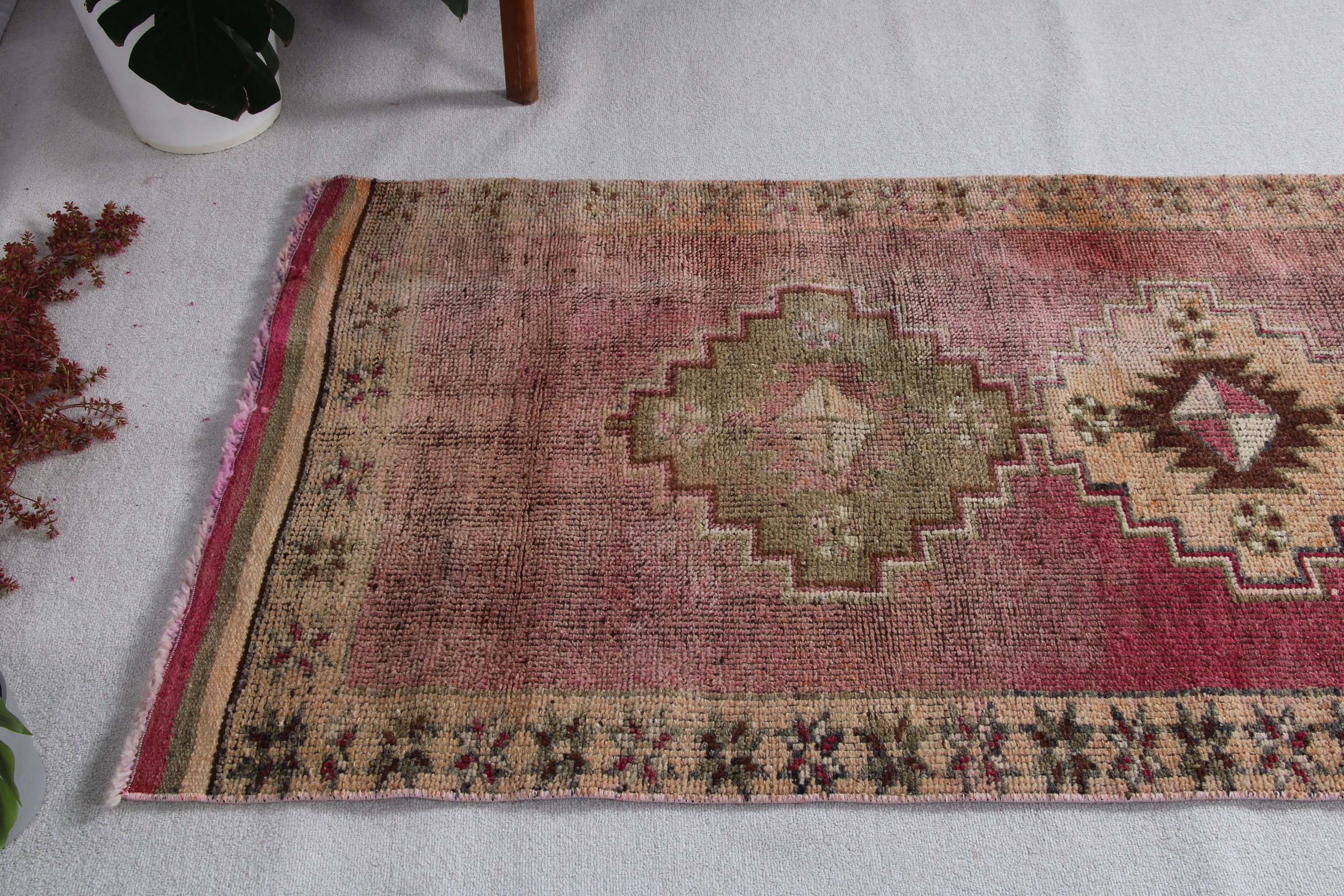 3.4x11.6 ft Runner Rugs, Turkish Rug, Corridor Rugs, Oriental Rugs, Beni Ourain Runner Rugs, Floor Rug, Pink Floor Rug, Vintage Rugs