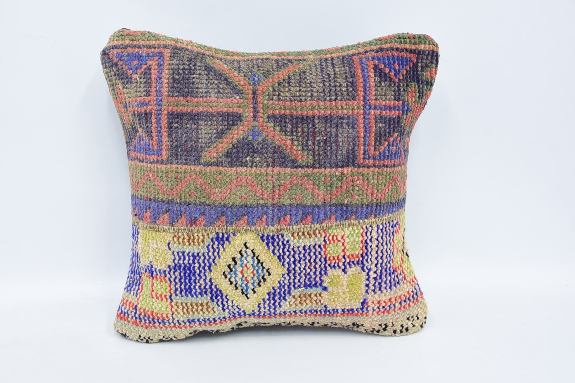 Throw Kilim Pillow, Bohemian Cushion Cushion Case, Turkish Kilim Pillow, Gift Pillow, Colorful Cushion, 16"x16" Blue Pillow Cover